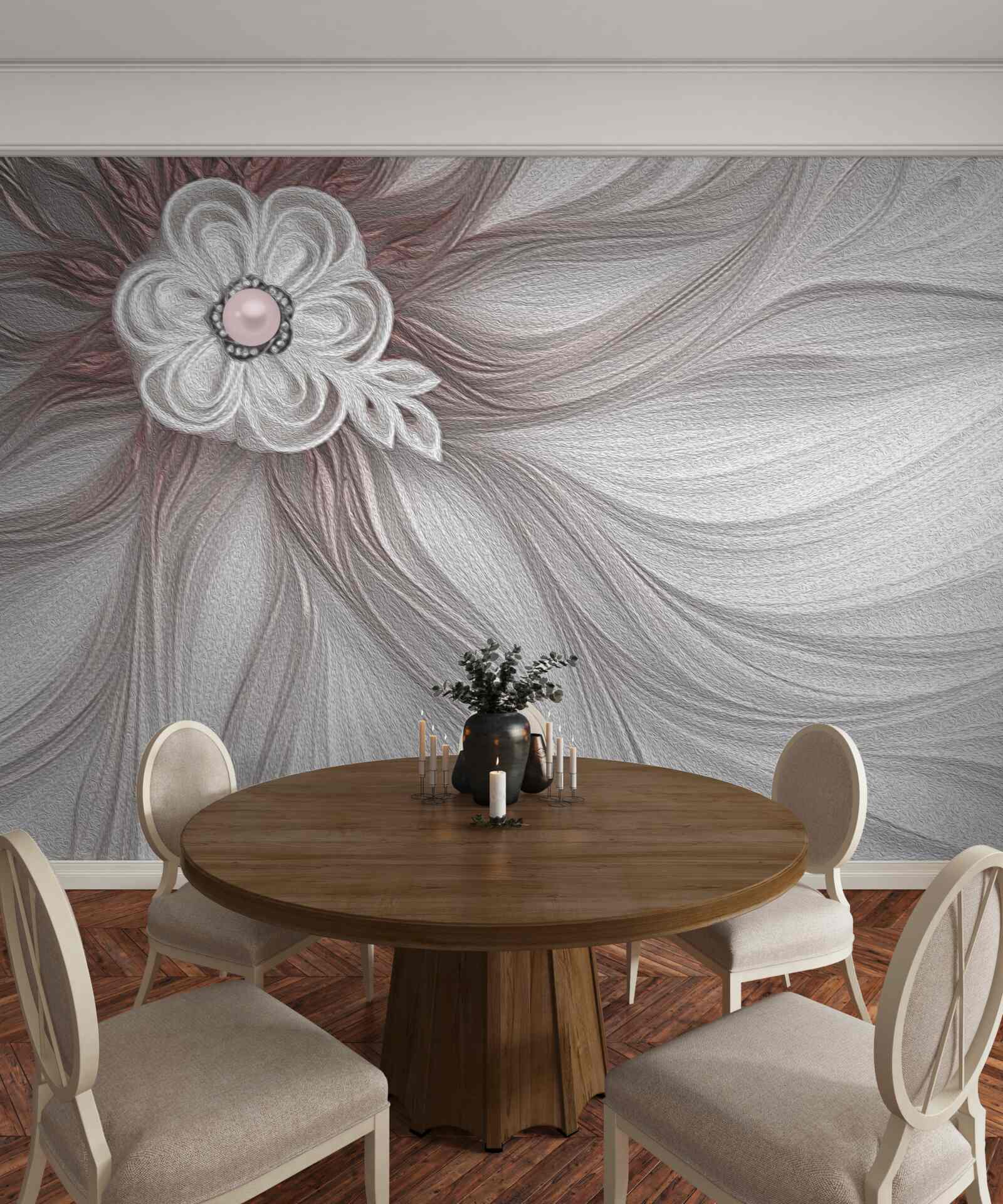 Fototapeten Die Mitte der weißen Blume ist mit Perlen dekoriert