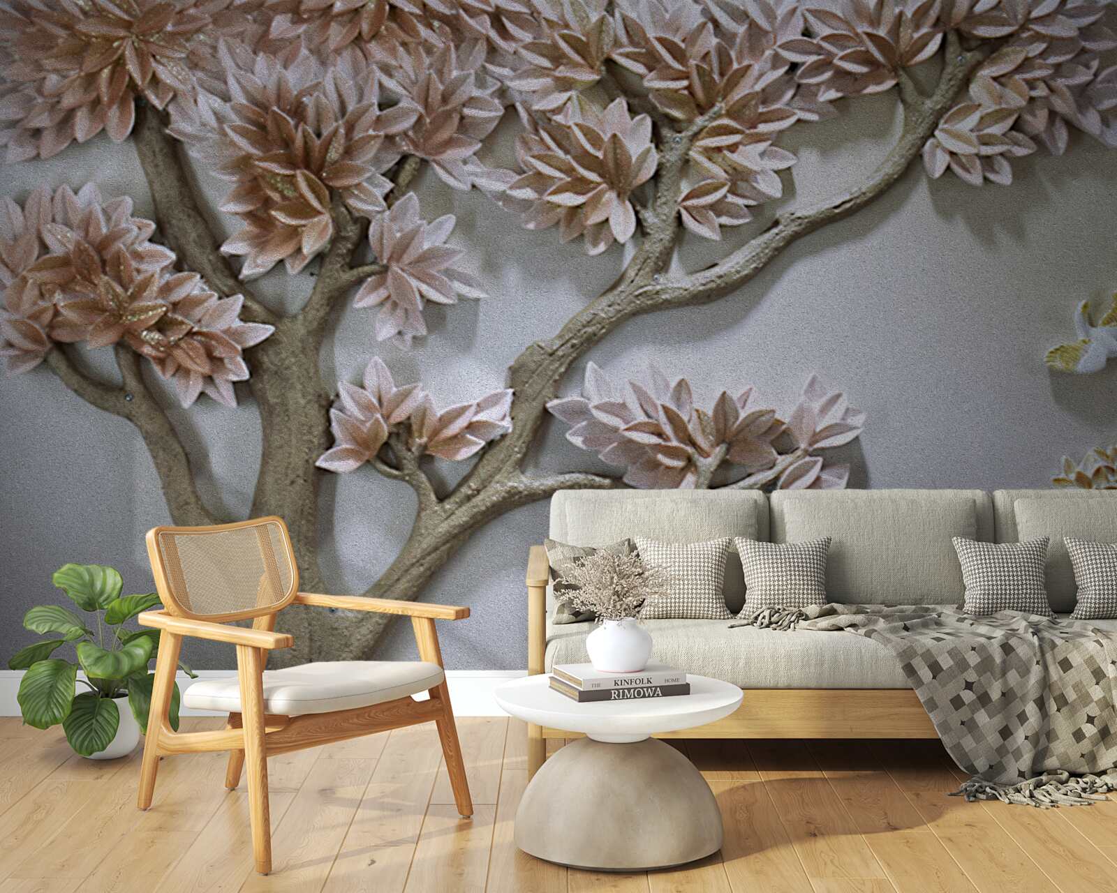 Fototapeten ein majestätischer Baum mit Blättern und Vögeln