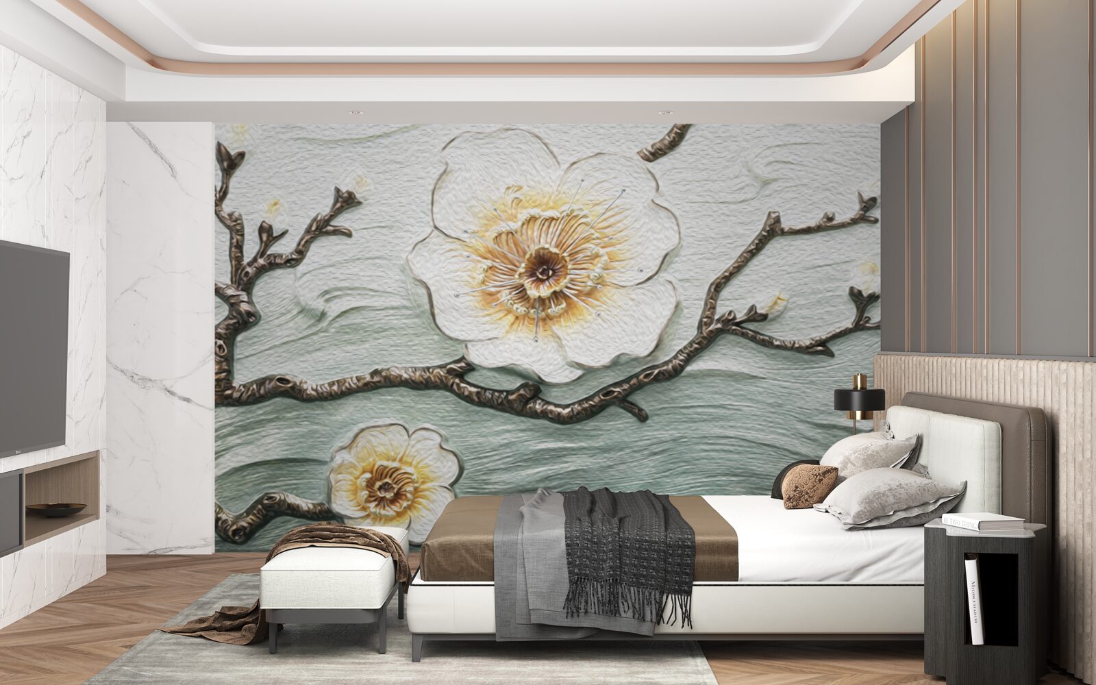 Fototapeten Der Wind schwankte Knospen von weißer Magnolien