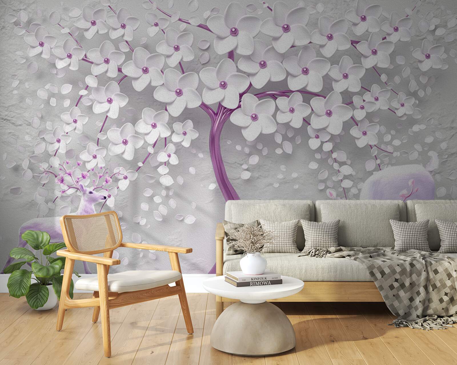 Fototapeten Ein Baum mit schneebedeckten Blüten und Hirschen