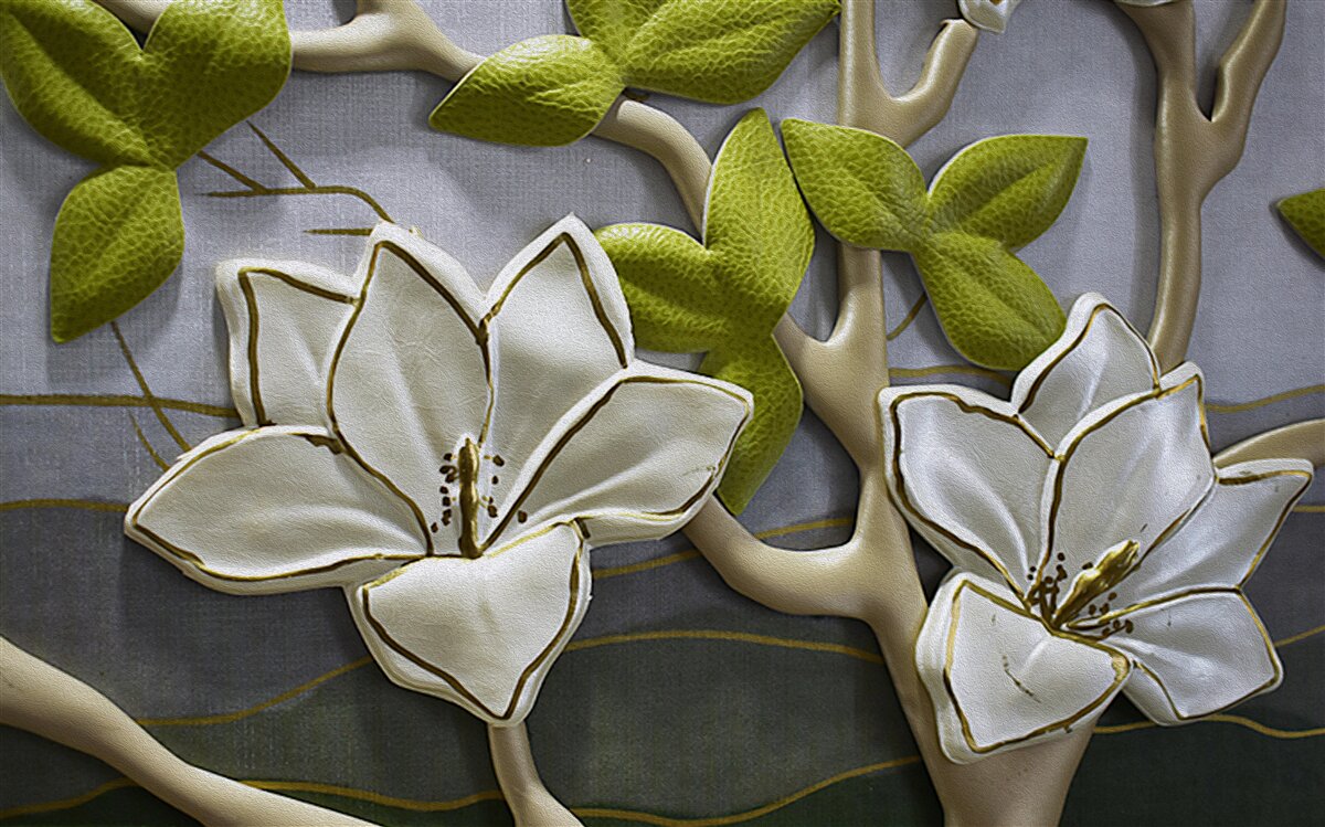 Fototapeten Magnolie mit Porzellanblüten auf grünen Ästen