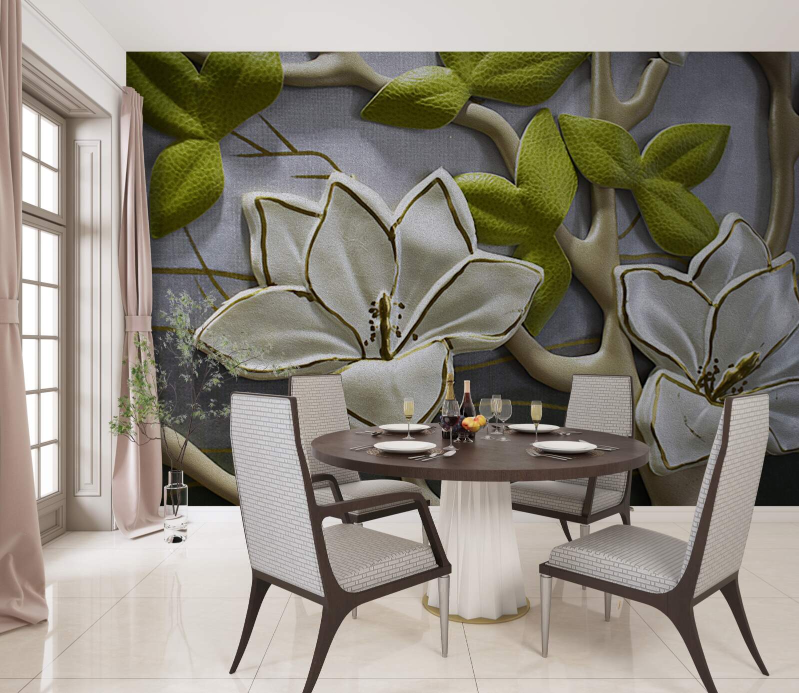 Fototapeten Magnolie mit Porzellanblüten auf grünen Ästen