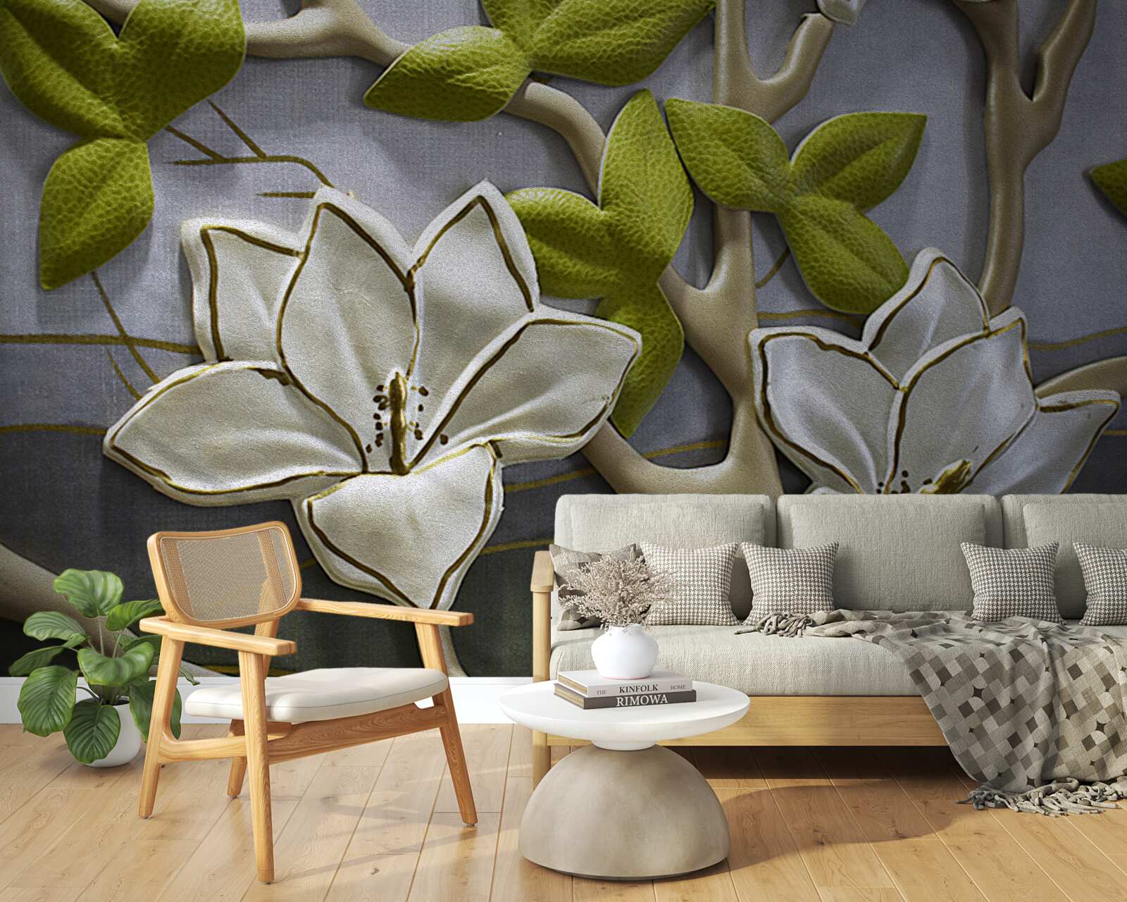 Fototapeten Magnolie mit Porzellanblüten auf grünen Ästen
