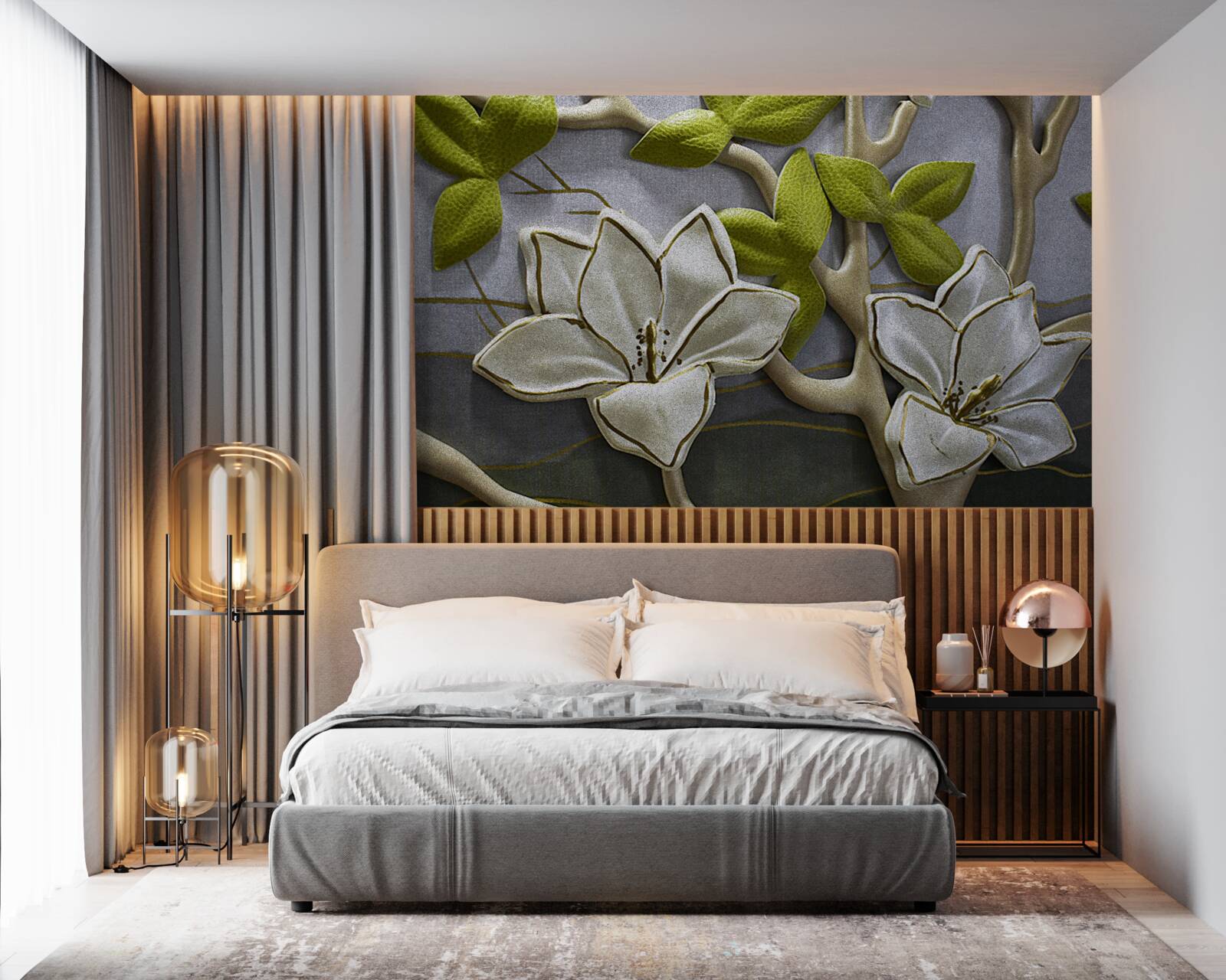 Fototapeten Magnolie mit Porzellanblüten auf grünen Ästen