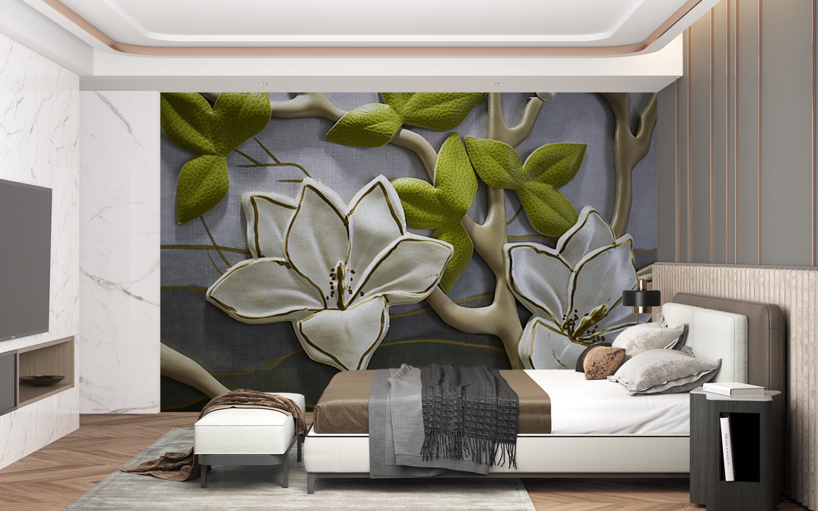 Fototapeten Magnolie mit Porzellanblüten auf grünen Ästen