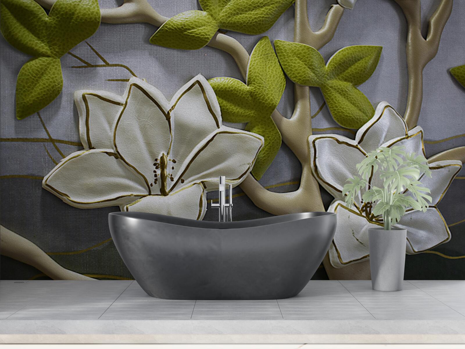 Fototapeten Magnolie mit Porzellanblüten auf grünen Ästen