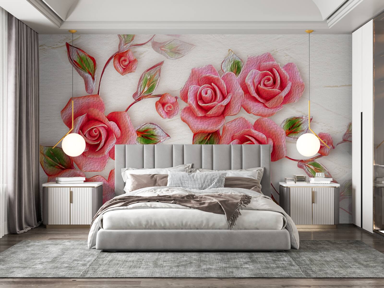 Fototapeten Eine rosa Tee Rose blühte auf dem Ast