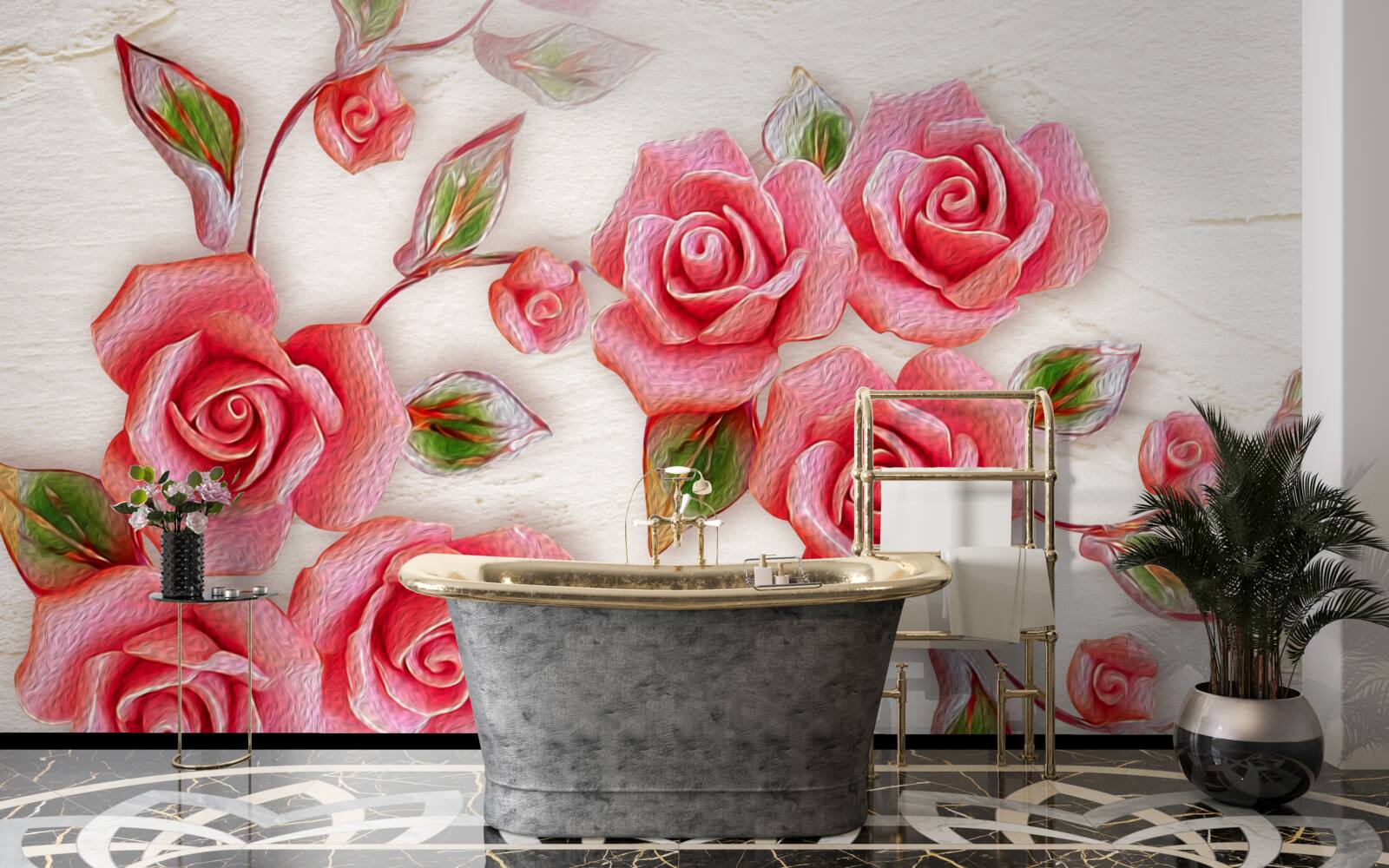 Fototapeten Eine rosa Tee Rose blühte auf dem Ast