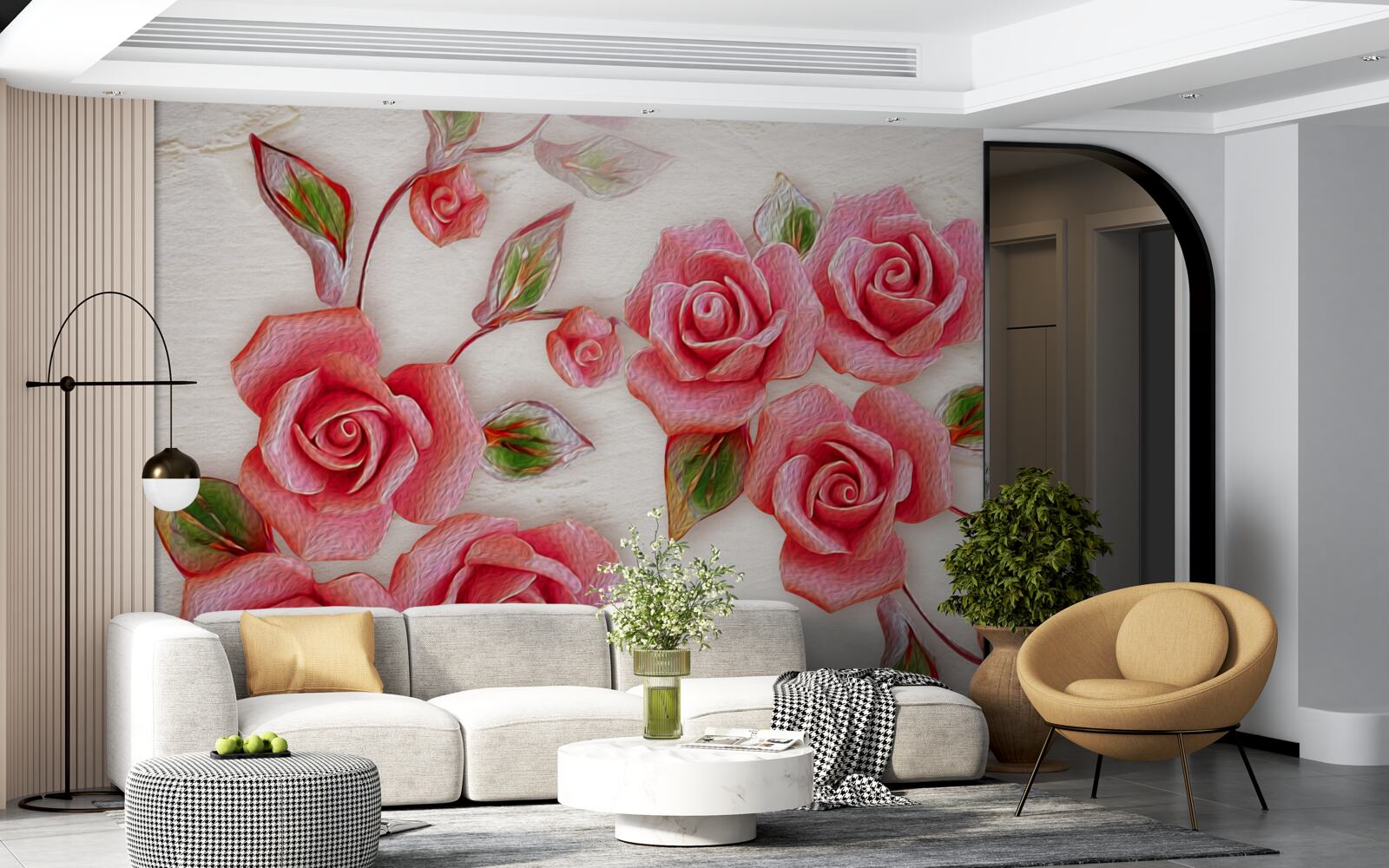 Fototapeten Eine rosa Tee Rose blühte auf dem Ast