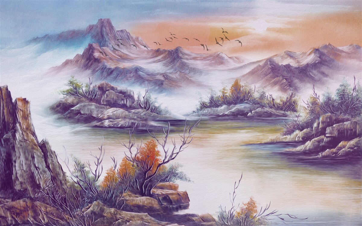 Fototapeten Die Berge sind mit Nebel bedeckt