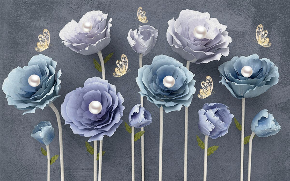 Fototapeten Blau -weiße anmutige Mohnblumen mit Schmetterlingen
