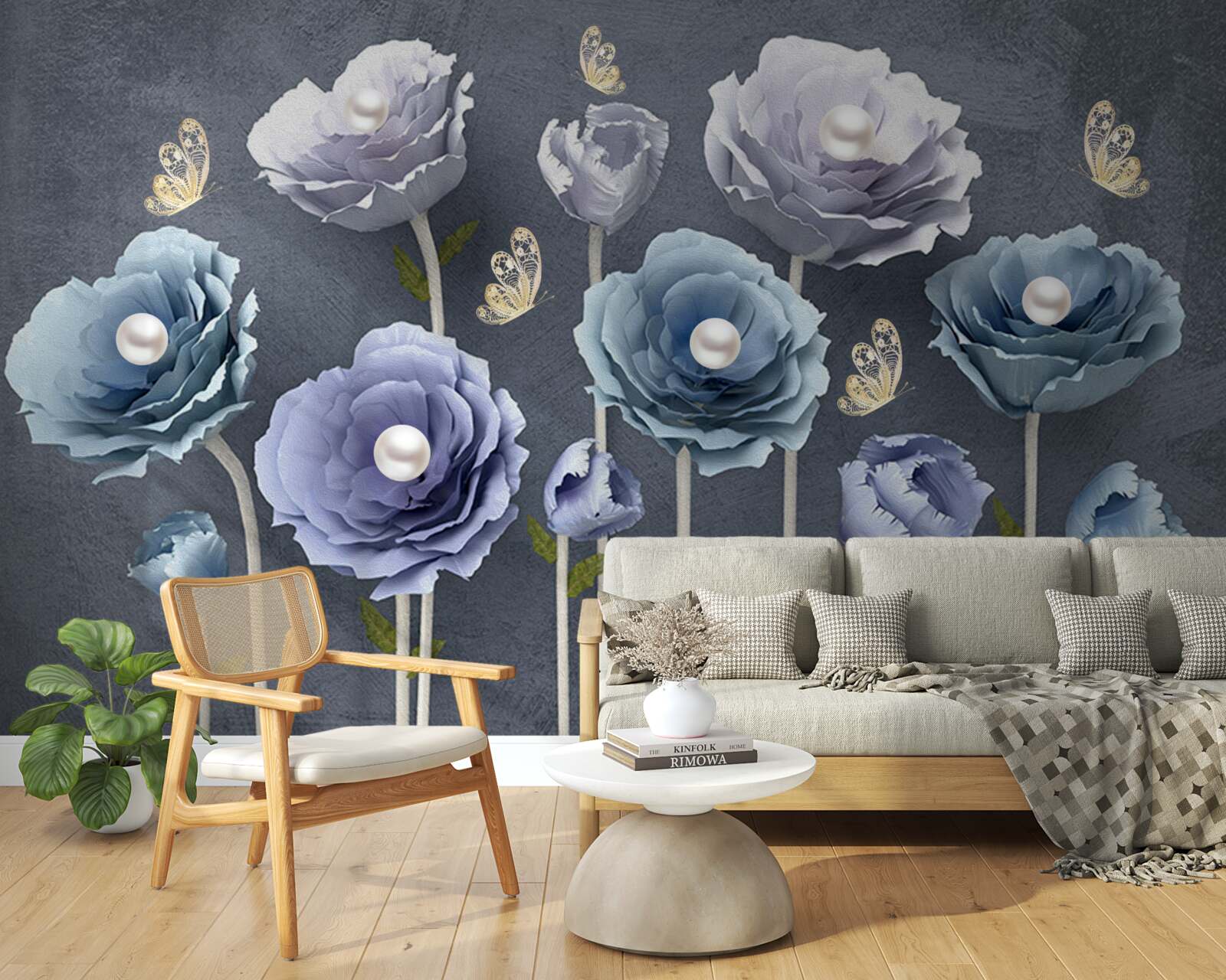 Fototapeten Blau -weiße anmutige Mohnblumen mit Schmetterlingen