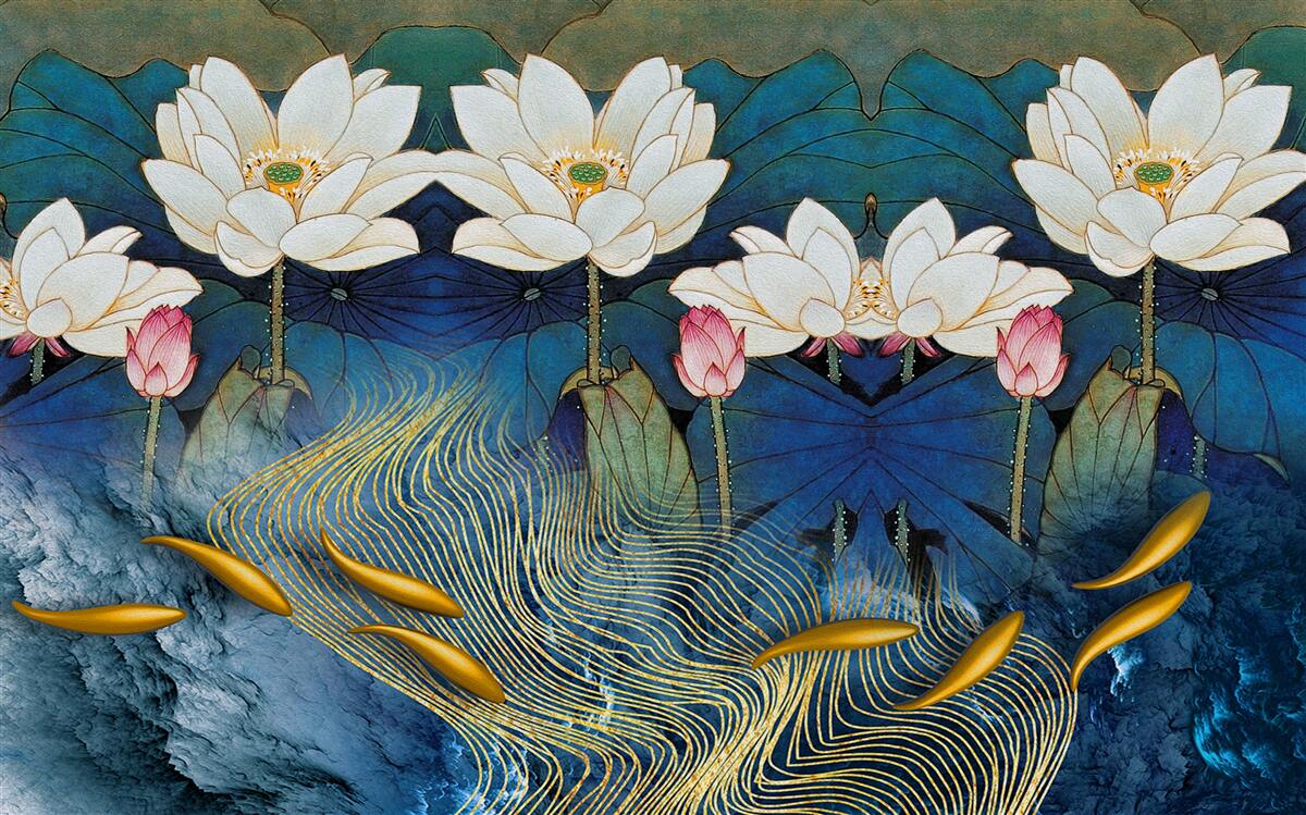 Fototapeten Blaues Wasser mit weißem Lotus dekoriert