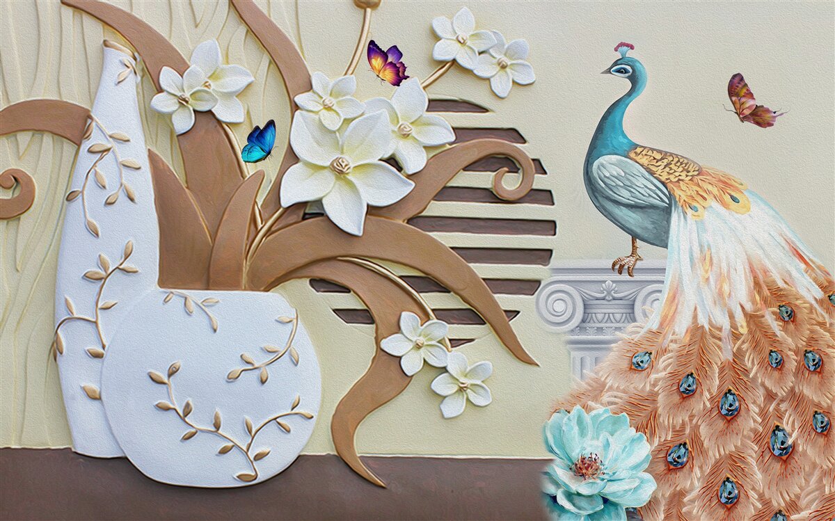 Fototapeten Blumener Luxus und ein Pfau mit einem wundervollen Schwanz