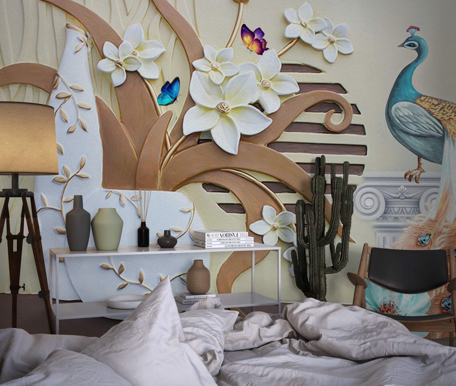 Fototapeten Blumener Luxus und ein Pfau mit einem wundervollen Schwanz