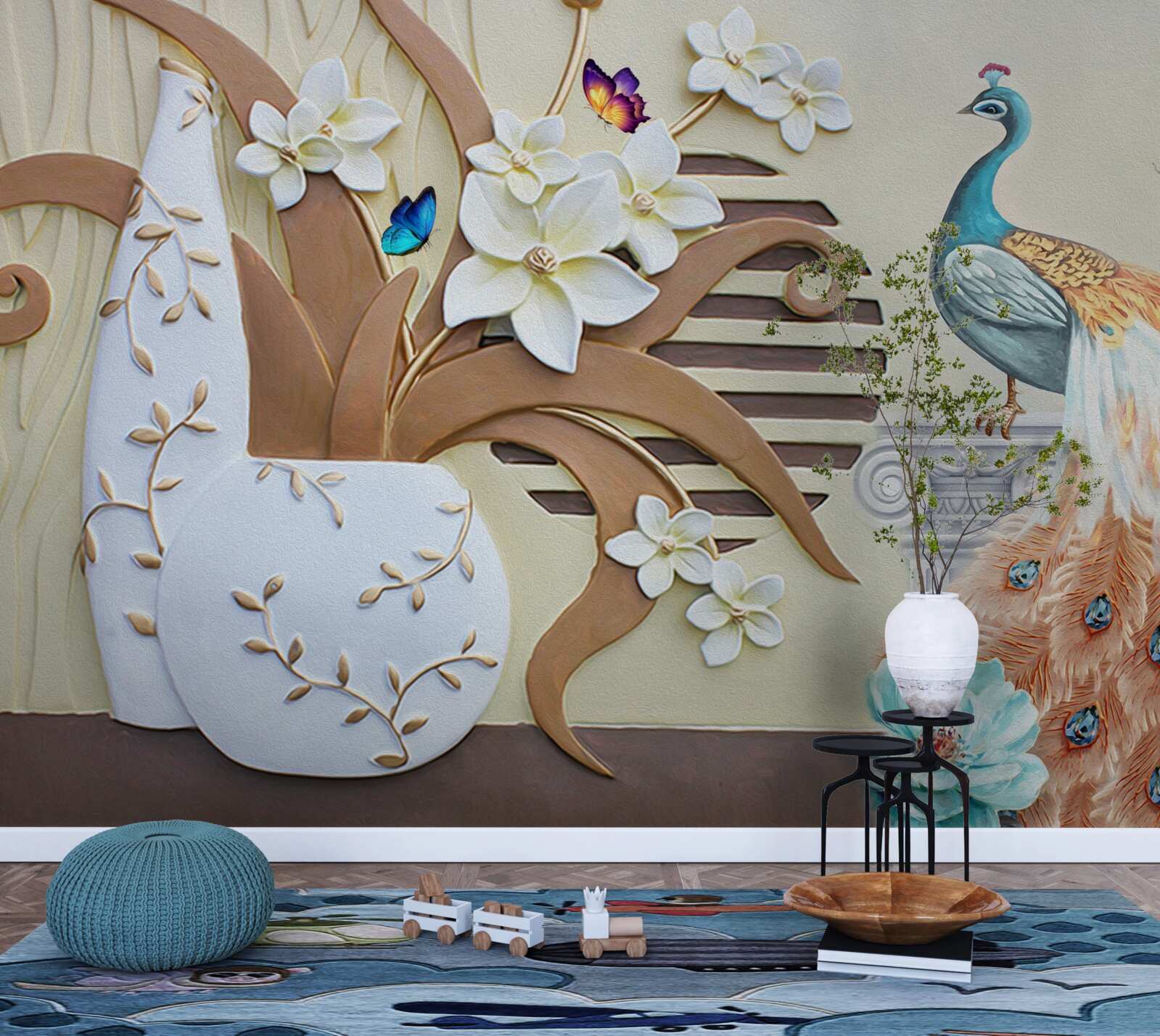 Fototapeten Blumener Luxus und ein Pfau mit einem wundervollen Schwanz