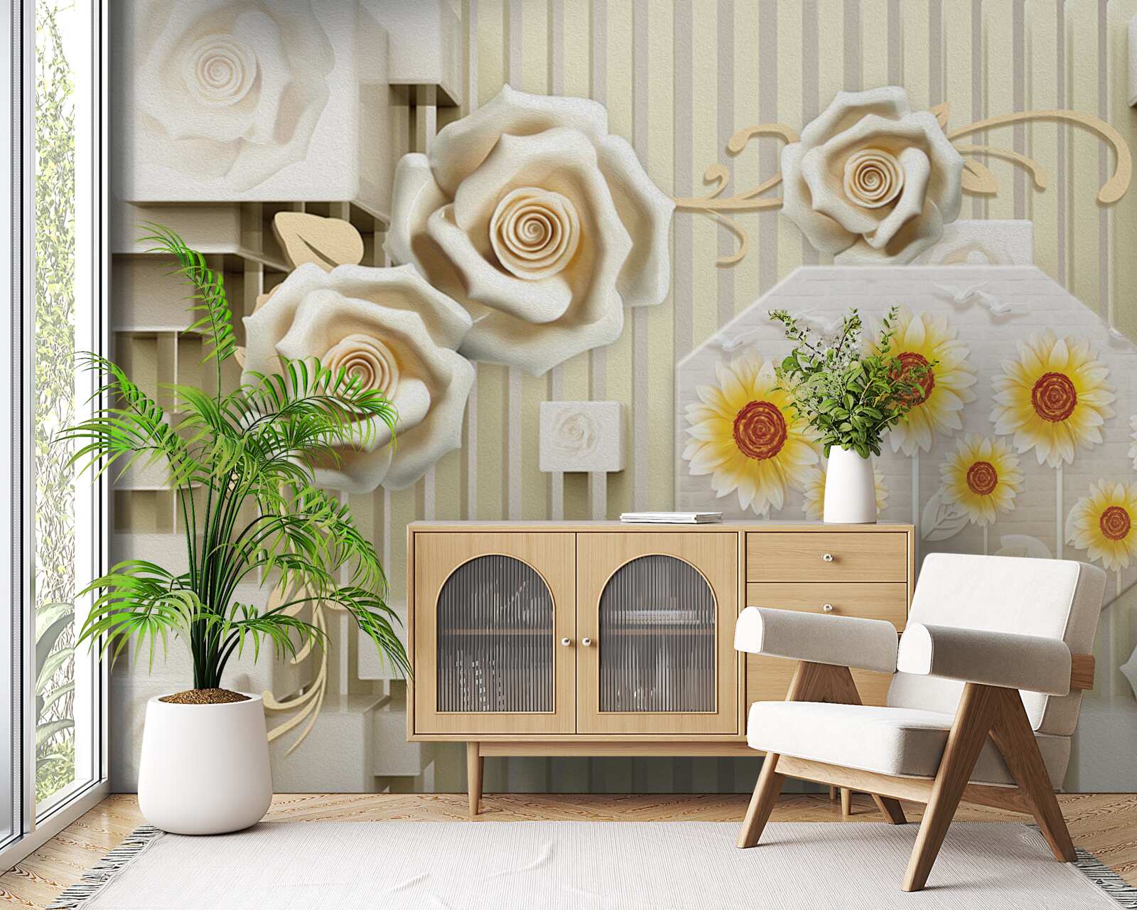Fototapeten Paleroo Rose und Sonnenblumen