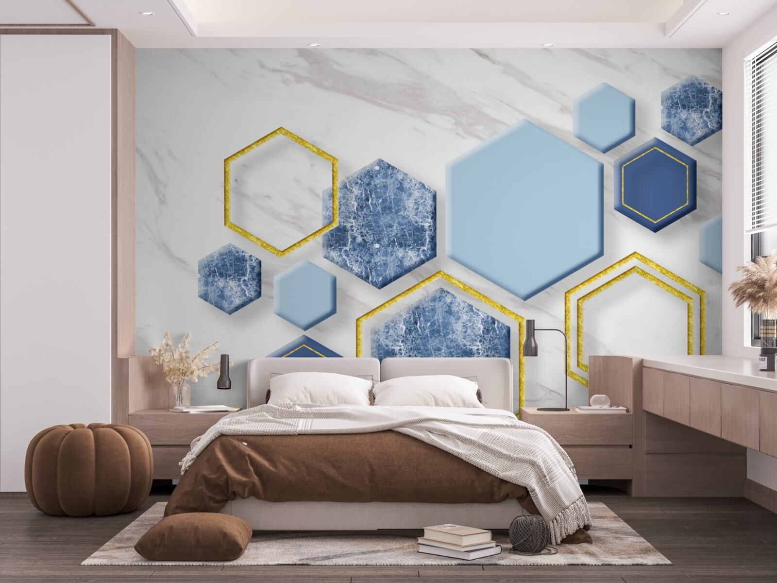 Fototapeten Pentate Gemälde aus Marmor mit goldenen Rändern