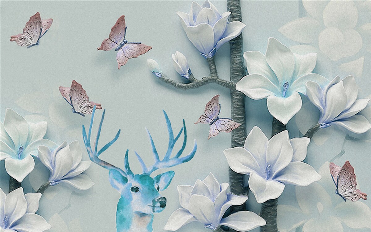 Fototapeten Hirsche, weiße Magnolien und Schmetterlinge