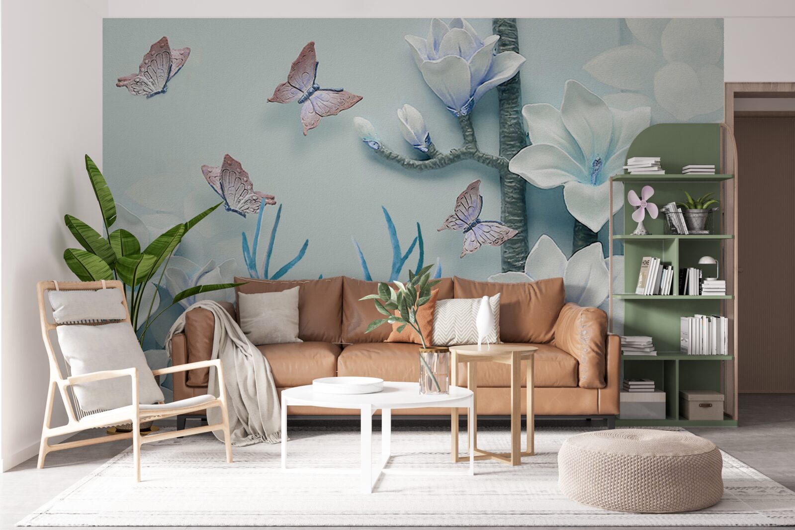 Fototapeten Hirsche, weiße Magnolien und Schmetterlinge