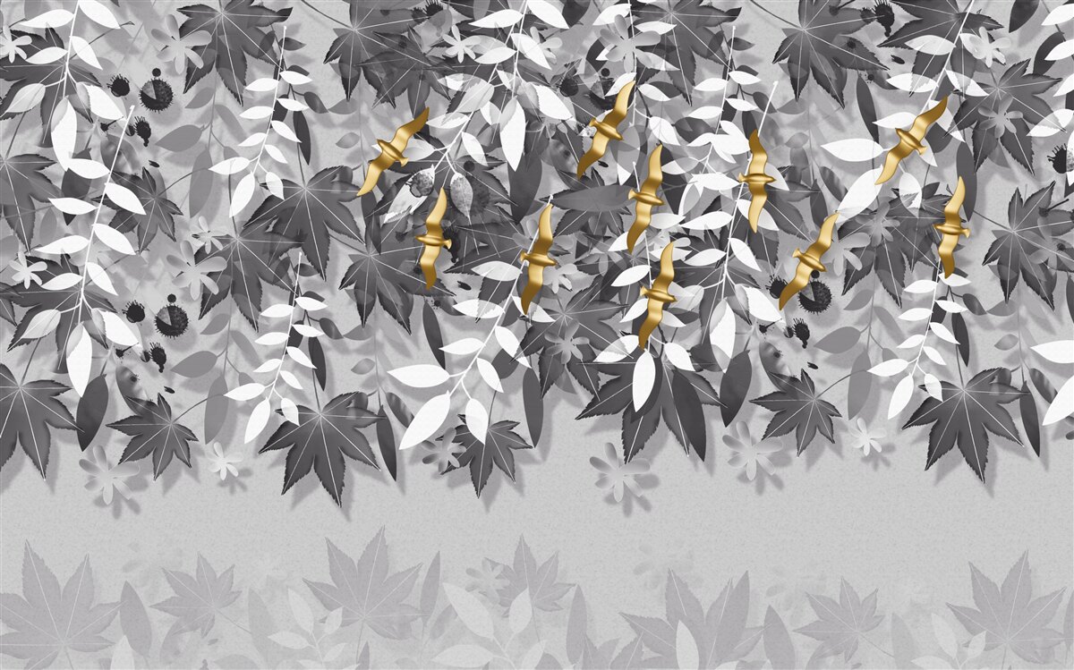 Fototapeten Die Zweige sind schneeweiß mit goldenen Blumen