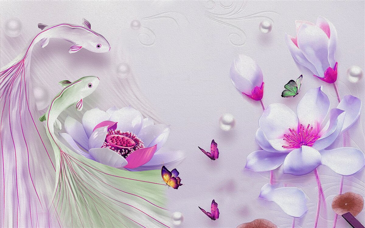 Fototapeten Schnee -White -Magnolien und kleine Fische