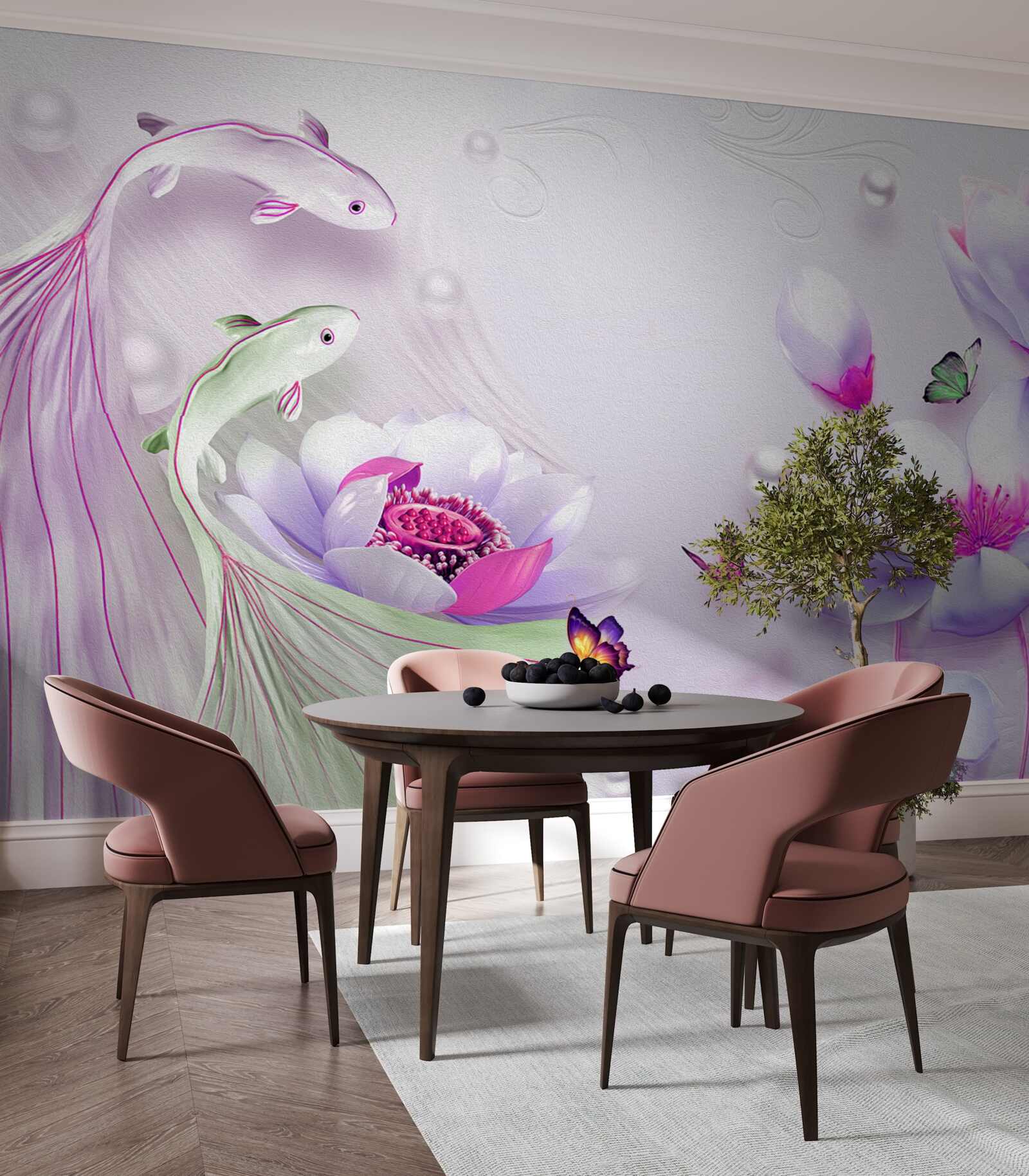 Fototapeten Schnee -White -Magnolien und kleine Fische
