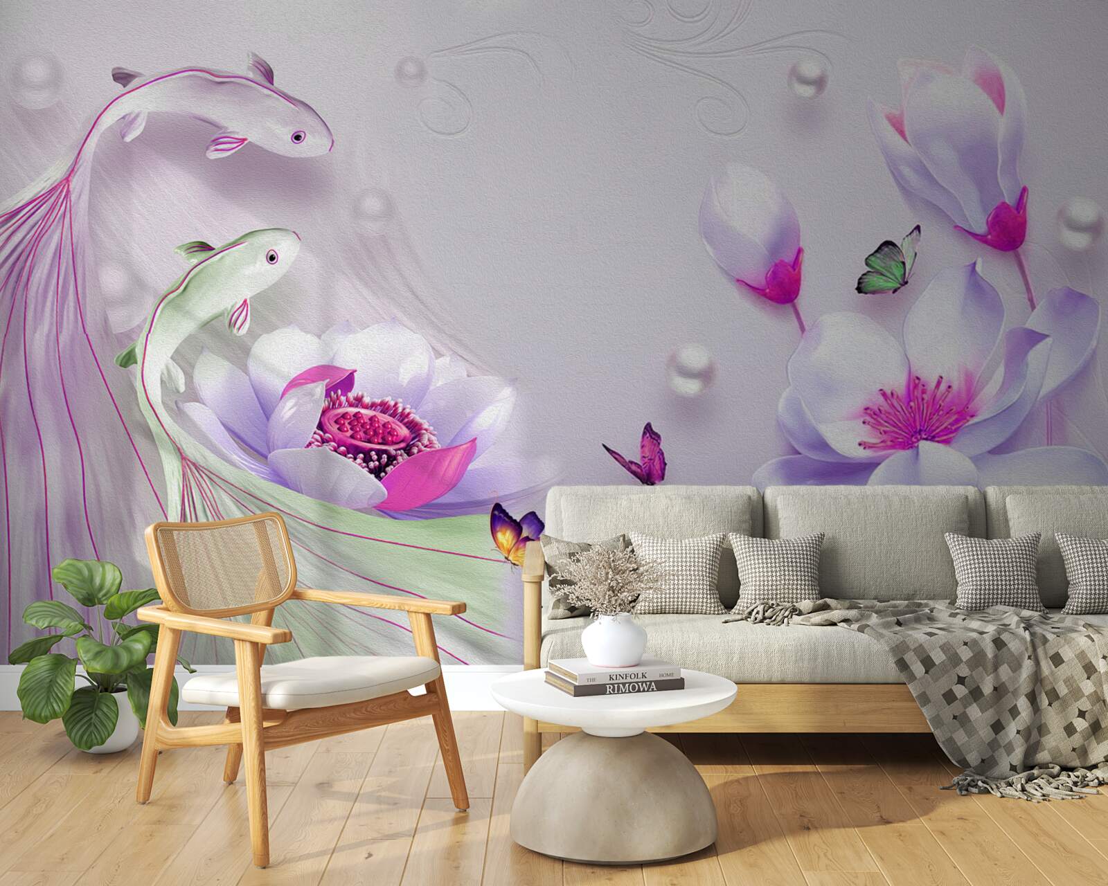 Fototapeten Schnee -White -Magnolien und kleine Fische