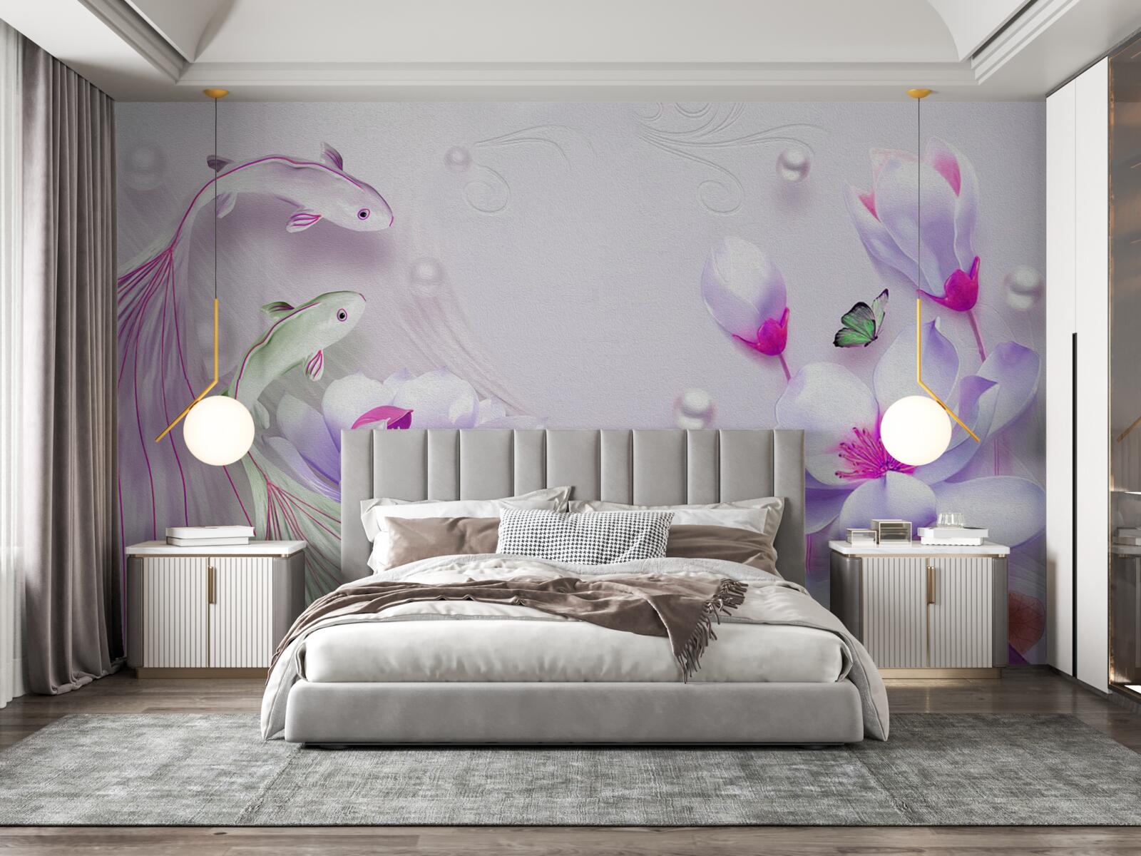 Fototapeten Schnee -White -Magnolien und kleine Fische