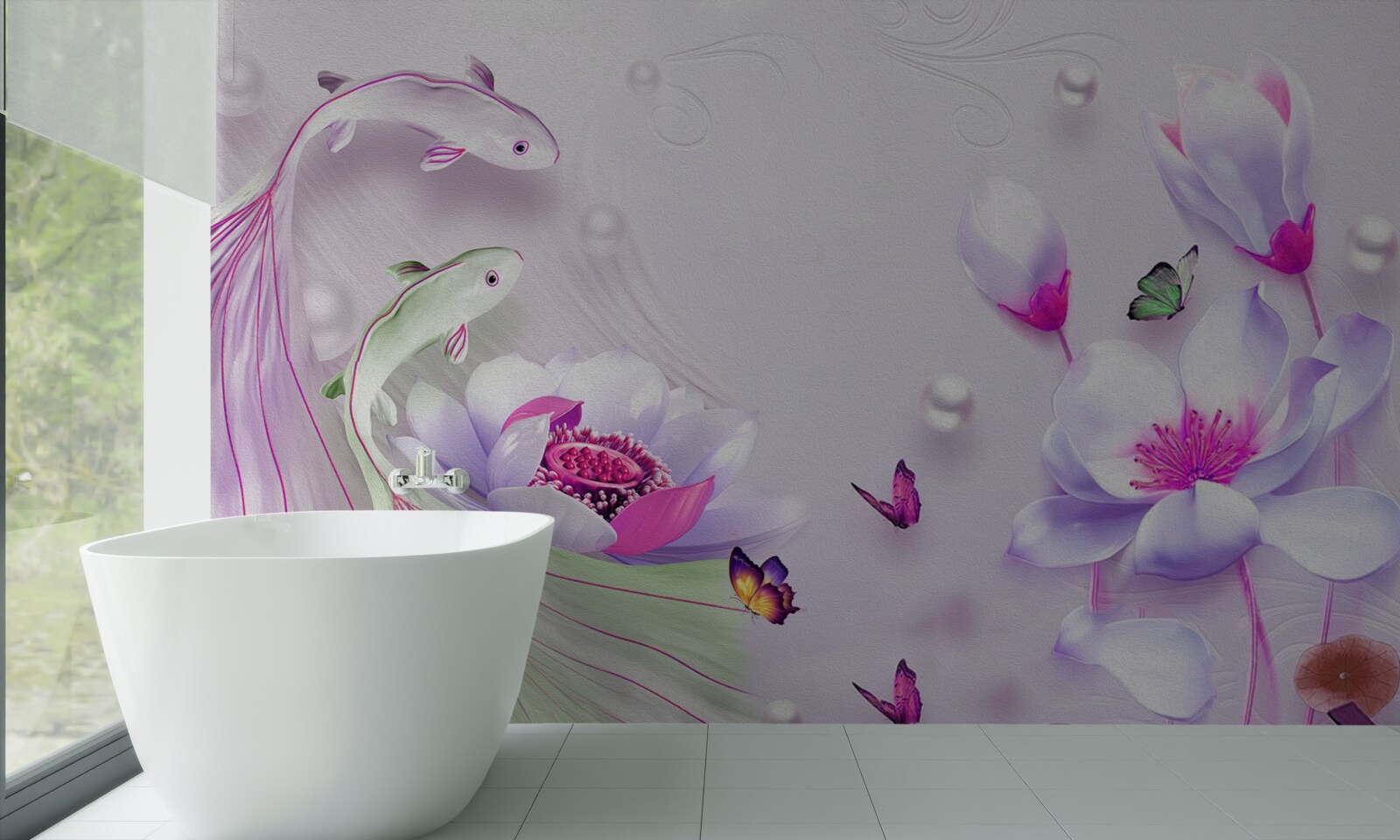 Fototapeten Schnee -White -Magnolien und kleine Fische