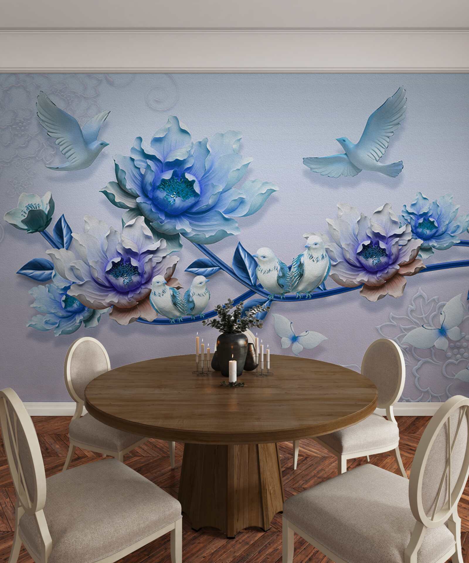 Fototapeten Der Zweig mit blauen Blumen ist ein Paradies für Tauben