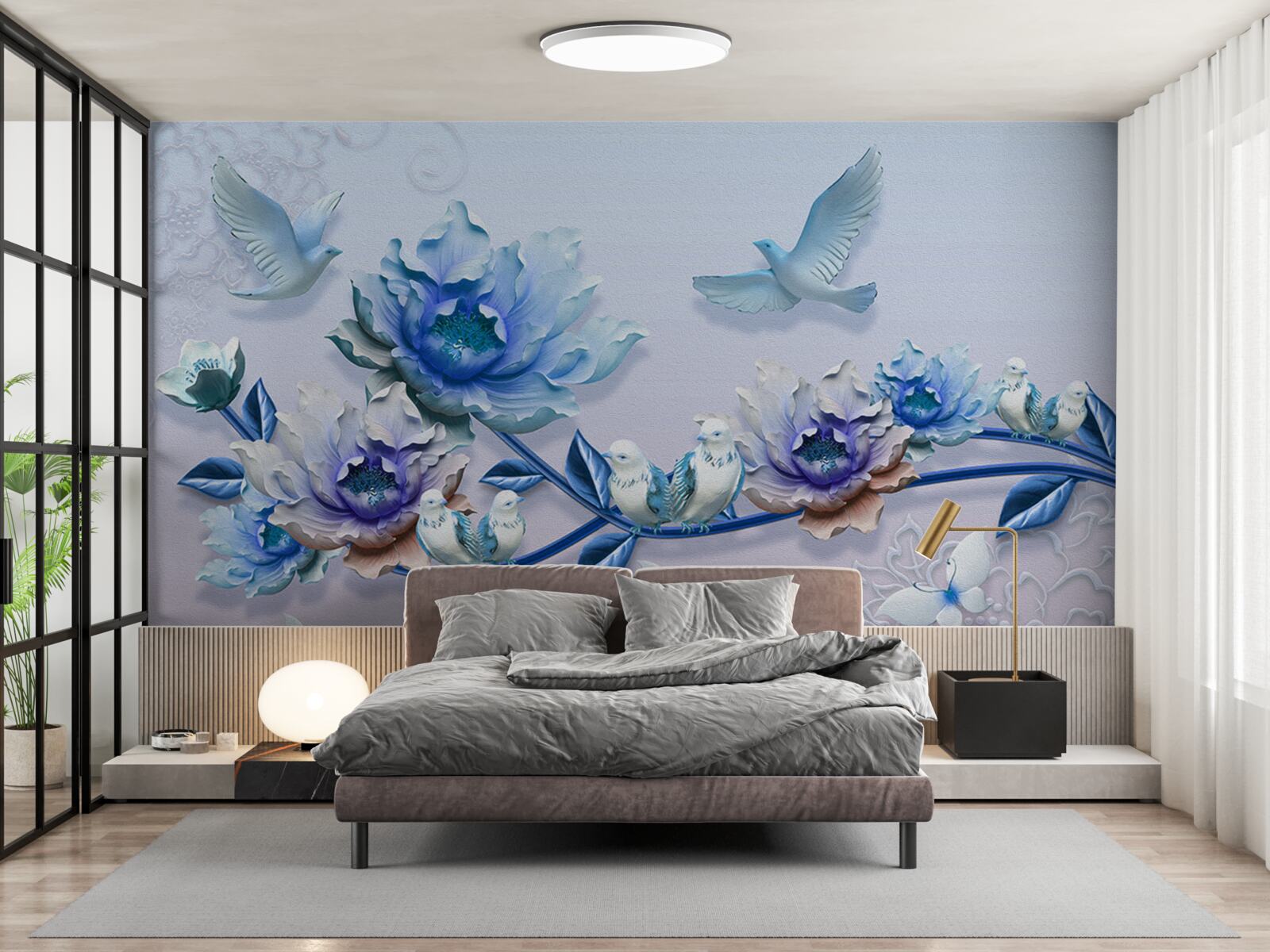 Fototapeten Der Zweig mit blauen Blumen ist ein Paradies für Tauben