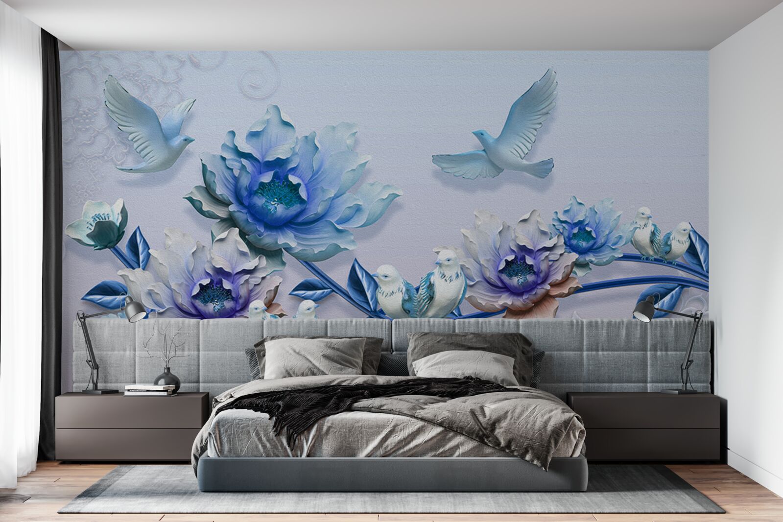 Fototapeten Der Zweig mit blauen Blumen ist ein Paradies für Tauben