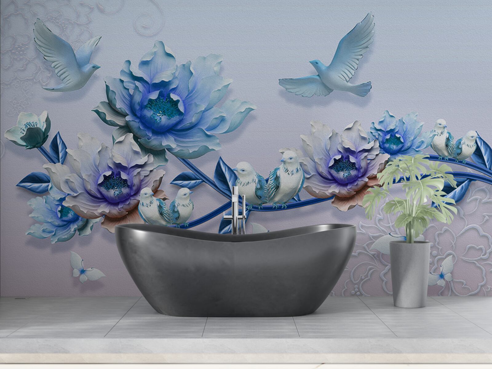 Fototapeten Der Zweig mit blauen Blumen ist ein Paradies für Tauben