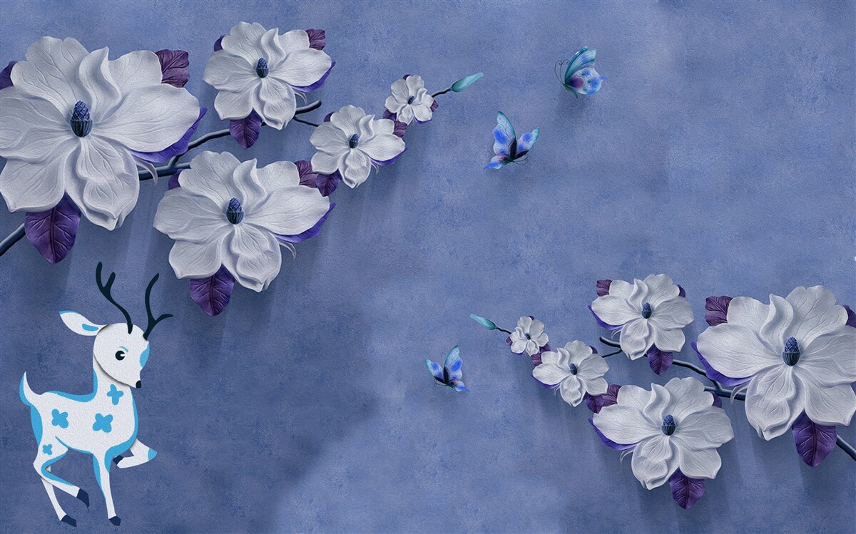 Fototapeten Jeleń auf dem Hintergrund des Schnees zwischen weißen Blumen