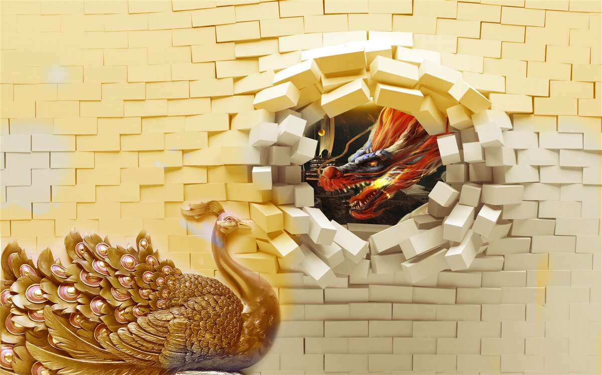 Fototapeten Die Mauer wird von einem Pfau zerstört