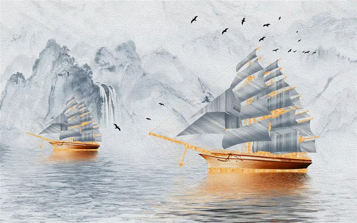 Fototapeten Ein malerisches Segelschiff fließt aus dem Hafen