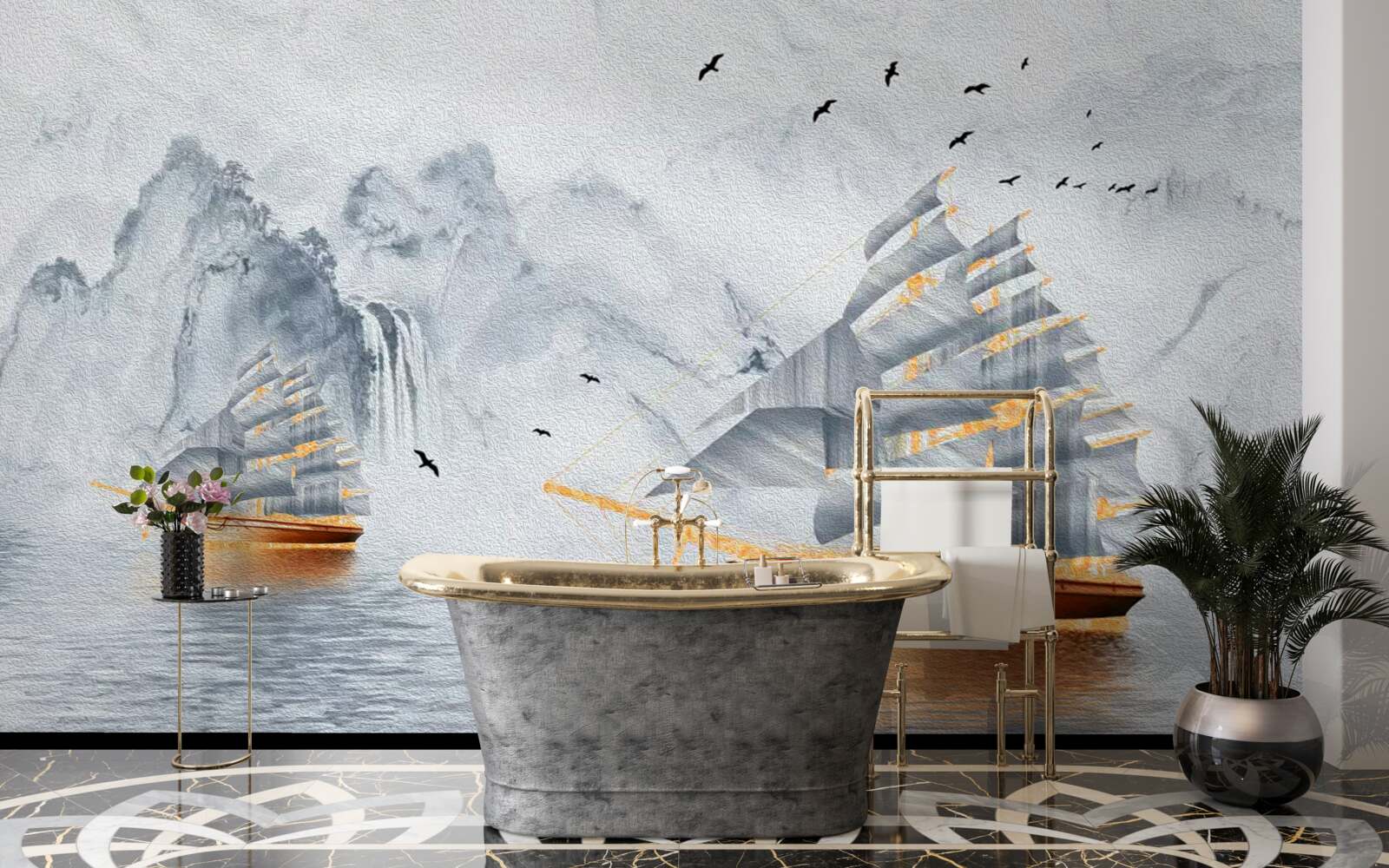 Fototapeten Ein malerisches Segelschiff fließt aus dem Hafen
