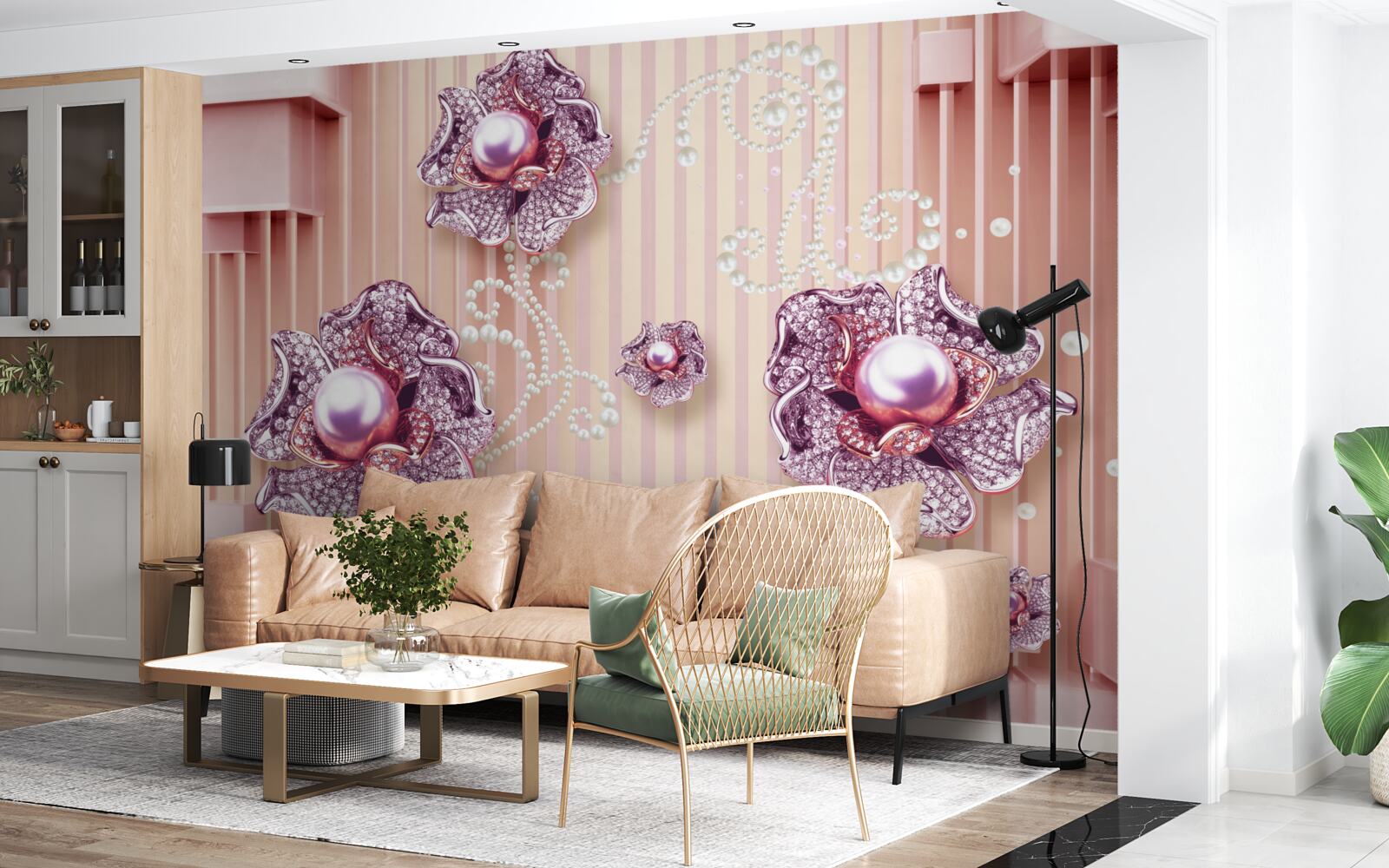 Fototapeten Diamant- und Perlenblüten auf einem rosa Hintergrund