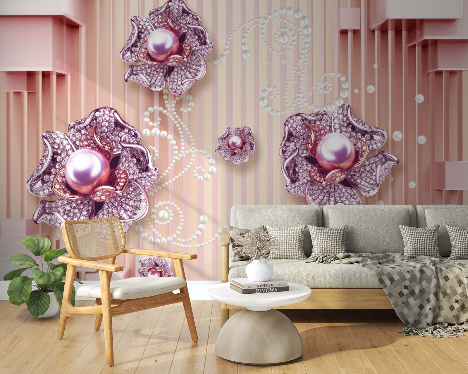 Fototapeten Diamant- und Perlenblüten auf einem rosa Hintergrund