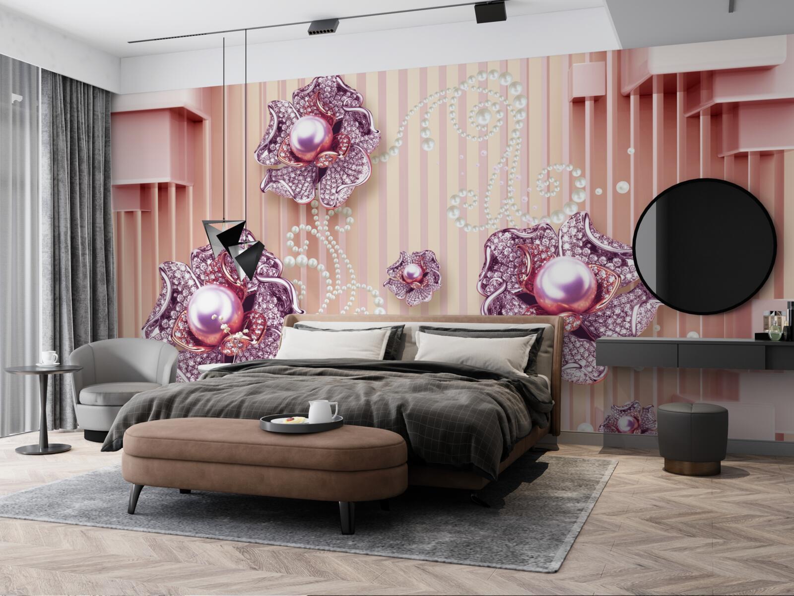 Fototapeten Diamant- und Perlenblüten auf einem rosa Hintergrund
