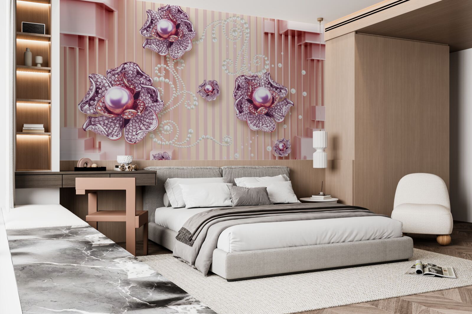 Fototapeten Diamant- und Perlenblüten auf einem rosa Hintergrund