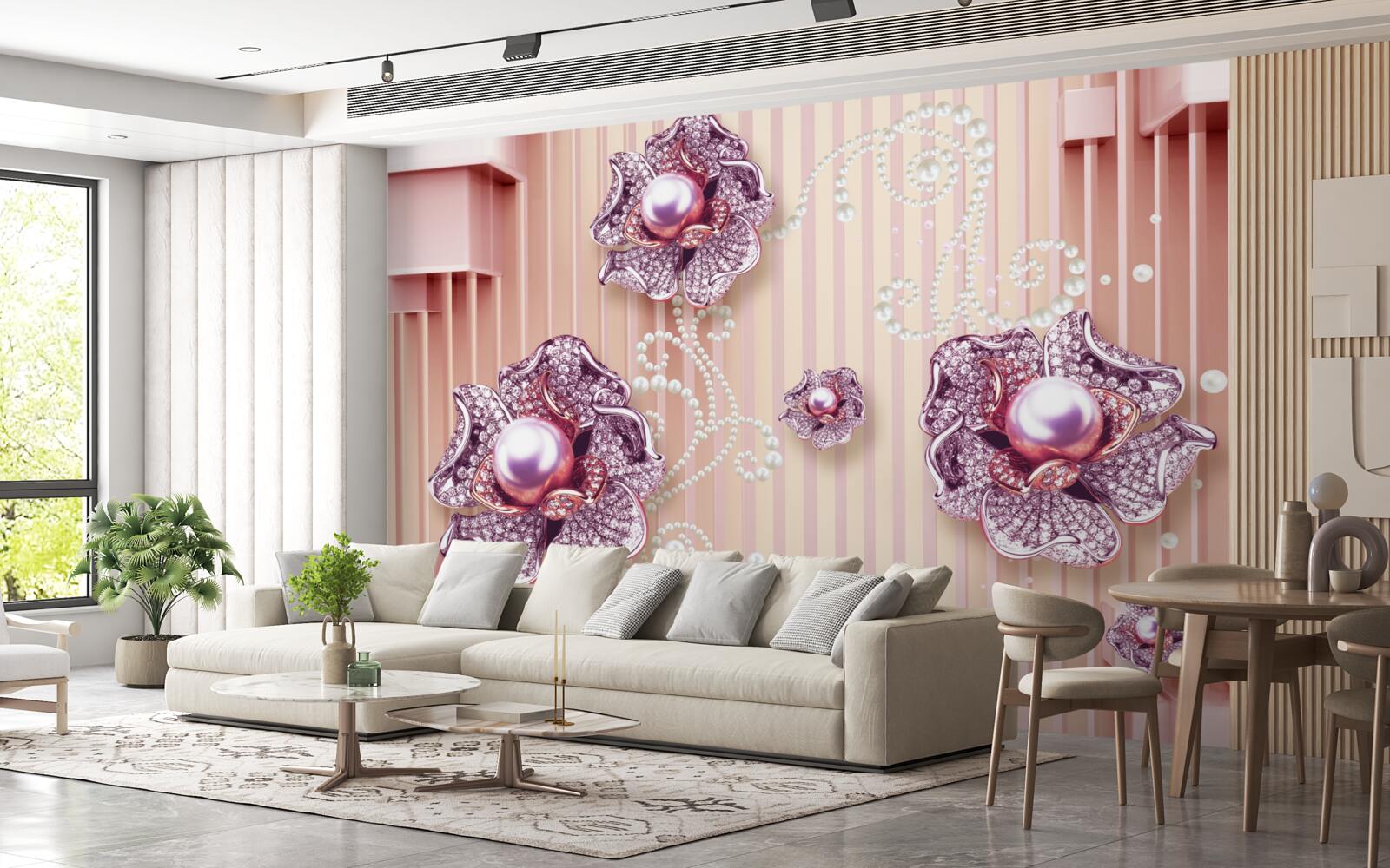 Fototapeten Diamant- und Perlenblüten auf einem rosa Hintergrund