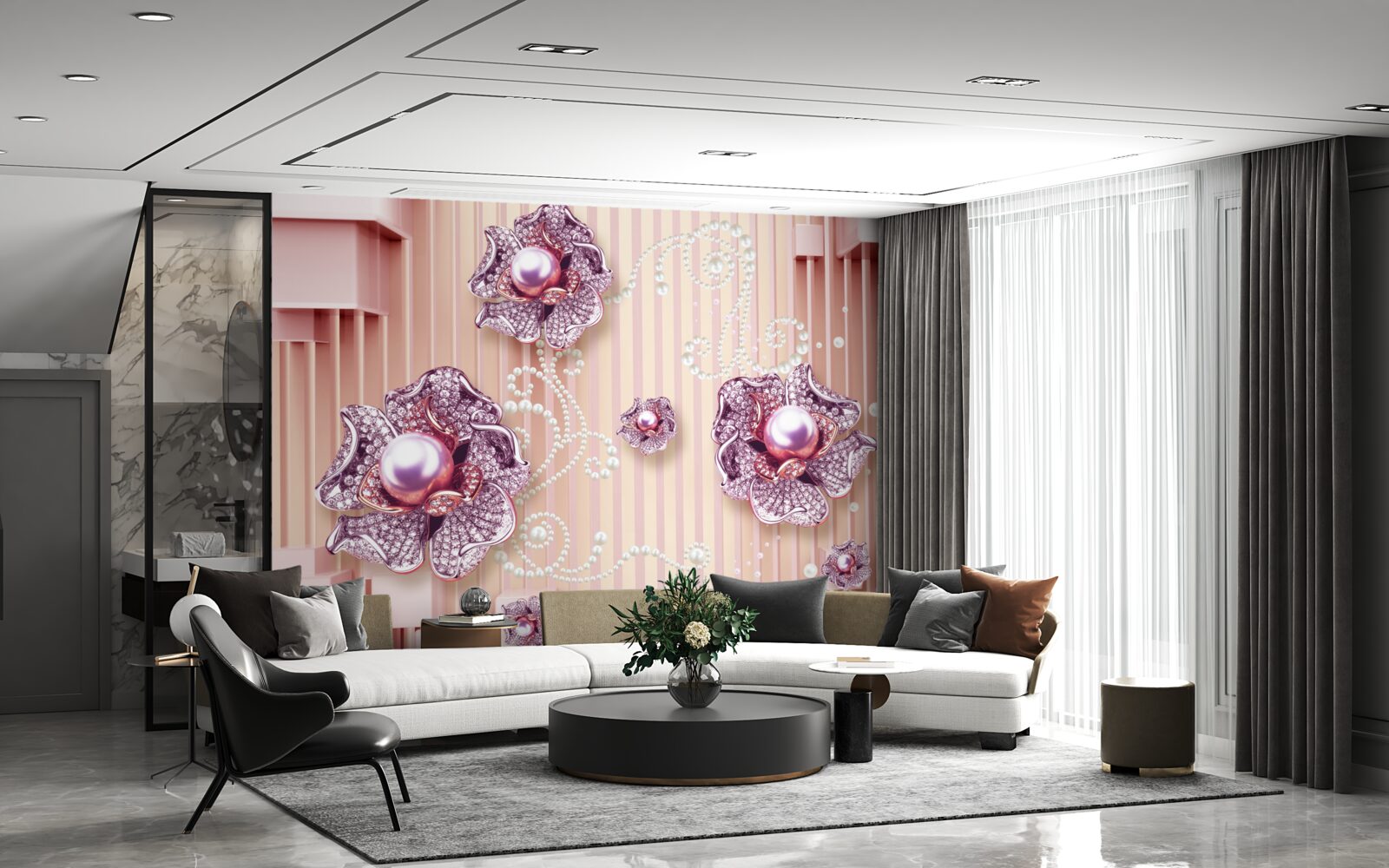 Fototapeten Diamant- und Perlenblüten auf einem rosa Hintergrund