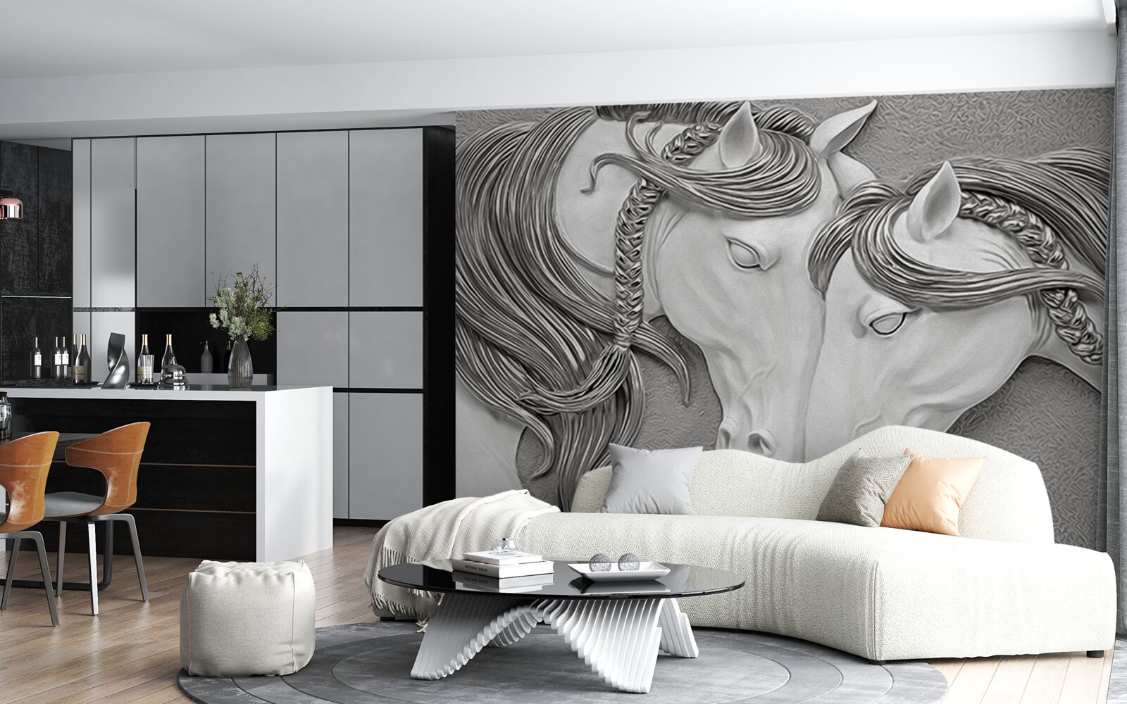 Fototapeten Ein Bas -Relief, der in Liebe Pferde darstellt