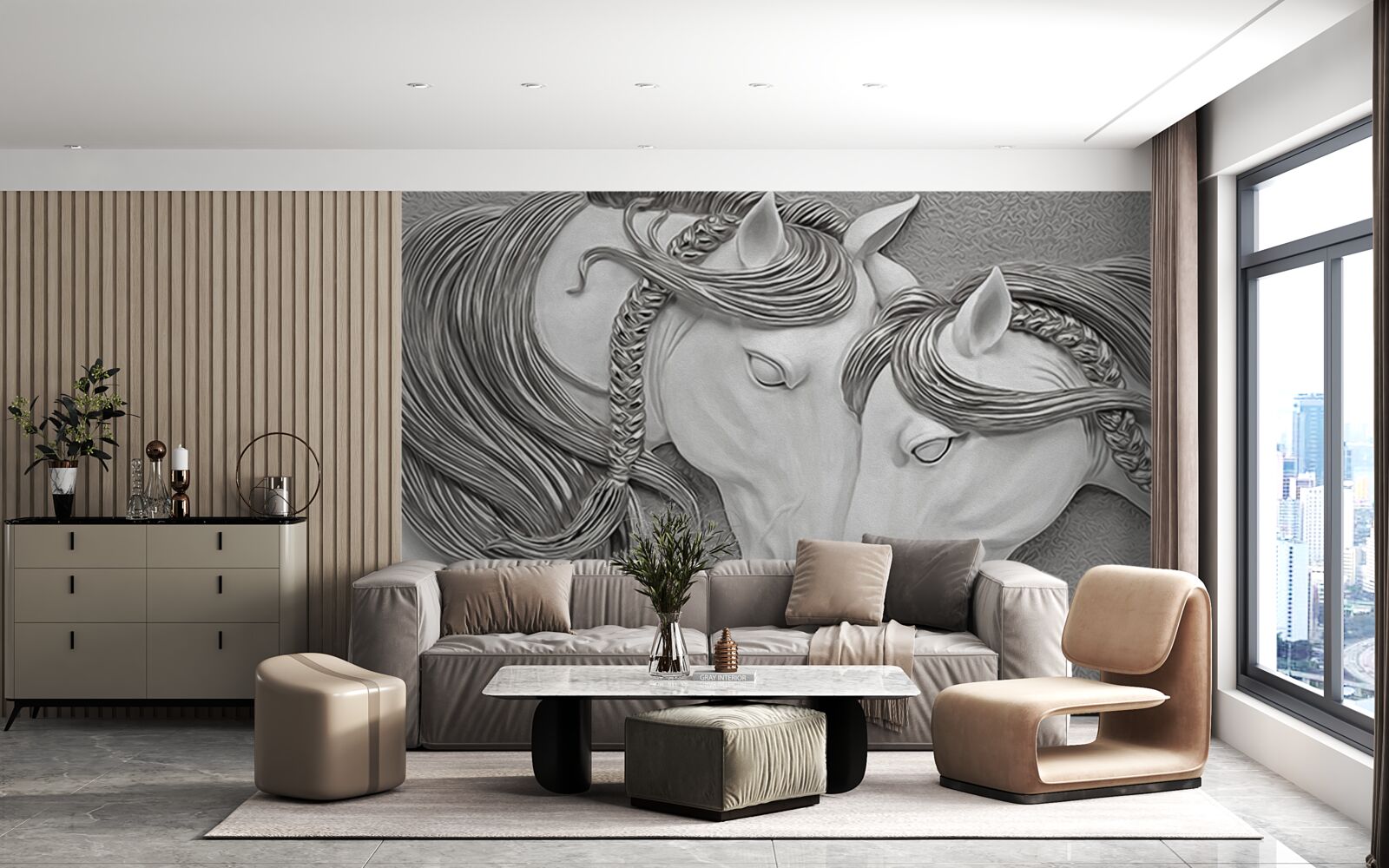 Fototapeten Ein Bas -Relief, der in Liebe Pferde darstellt