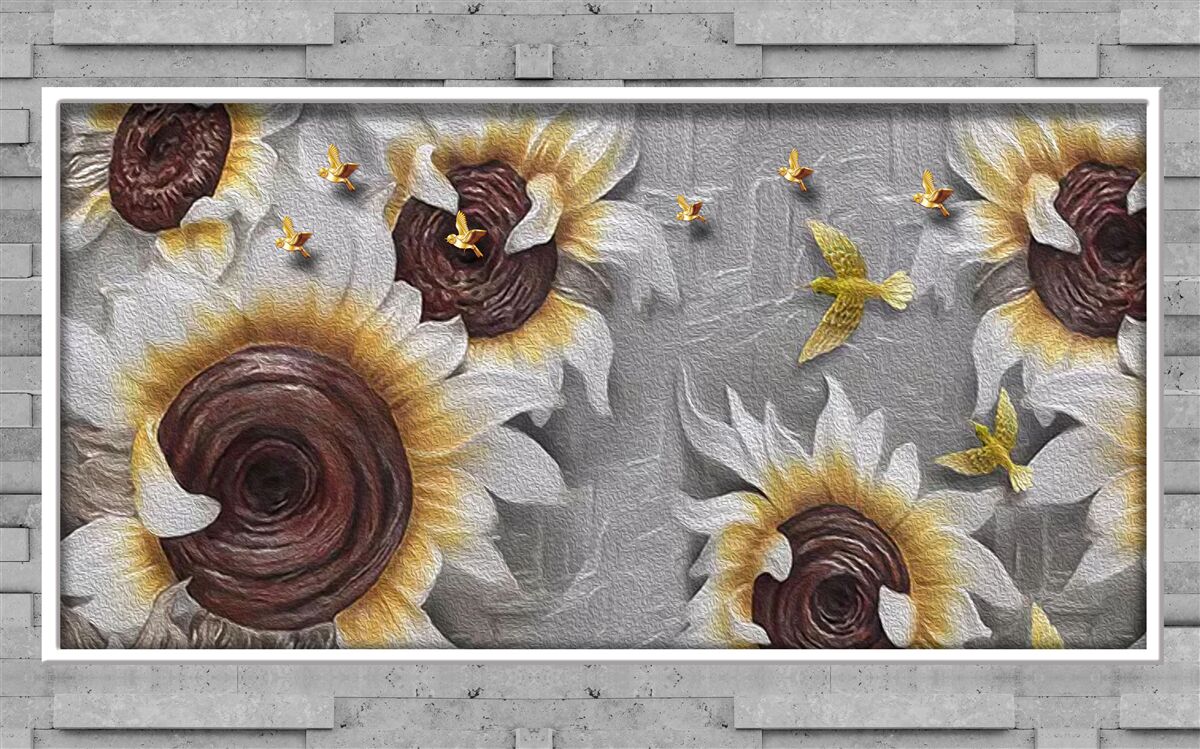 Fototapeten Weiße Sonnenblumen und Schmetterlinge