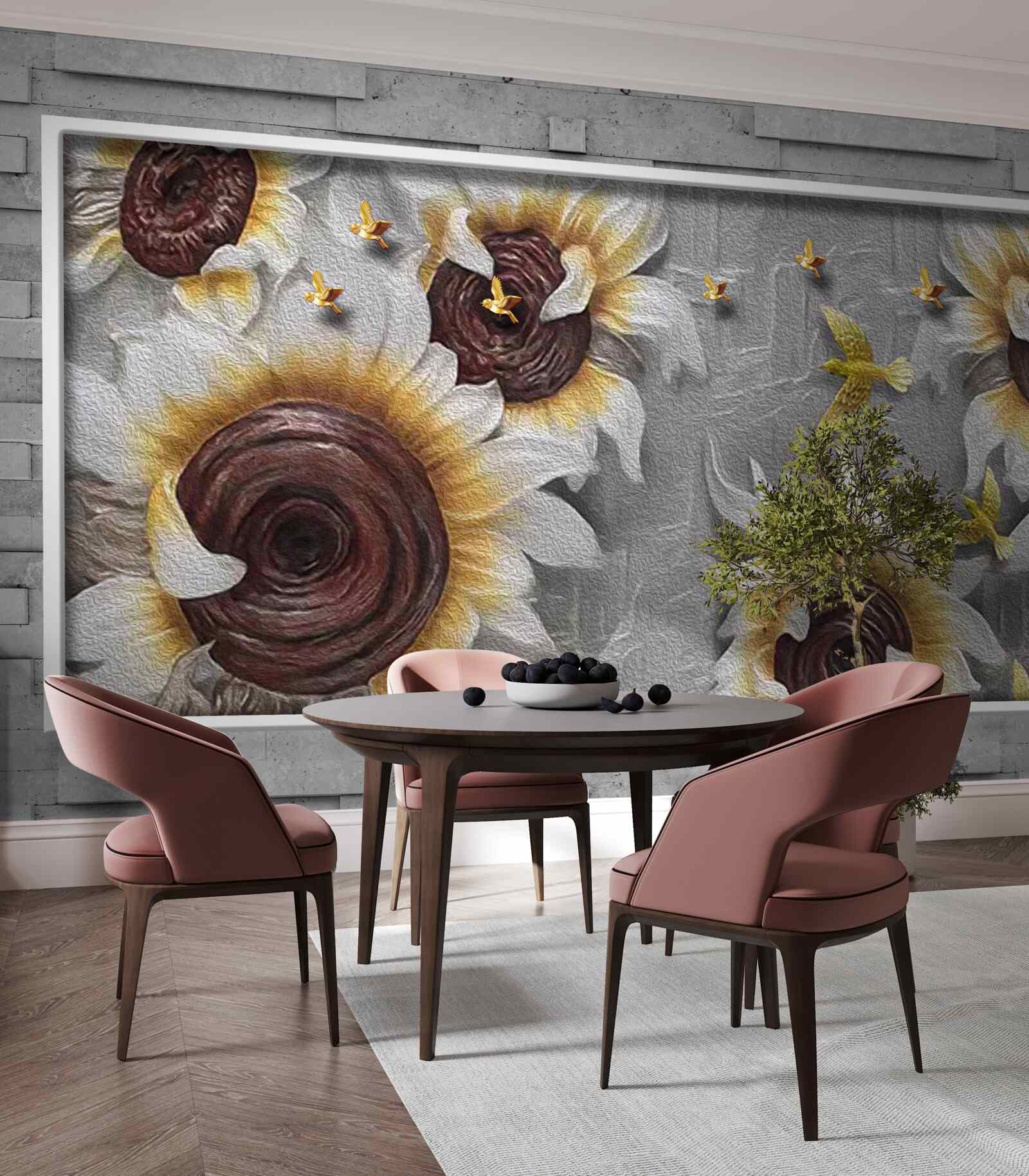 Fototapeten Weiße Sonnenblumen und Schmetterlinge