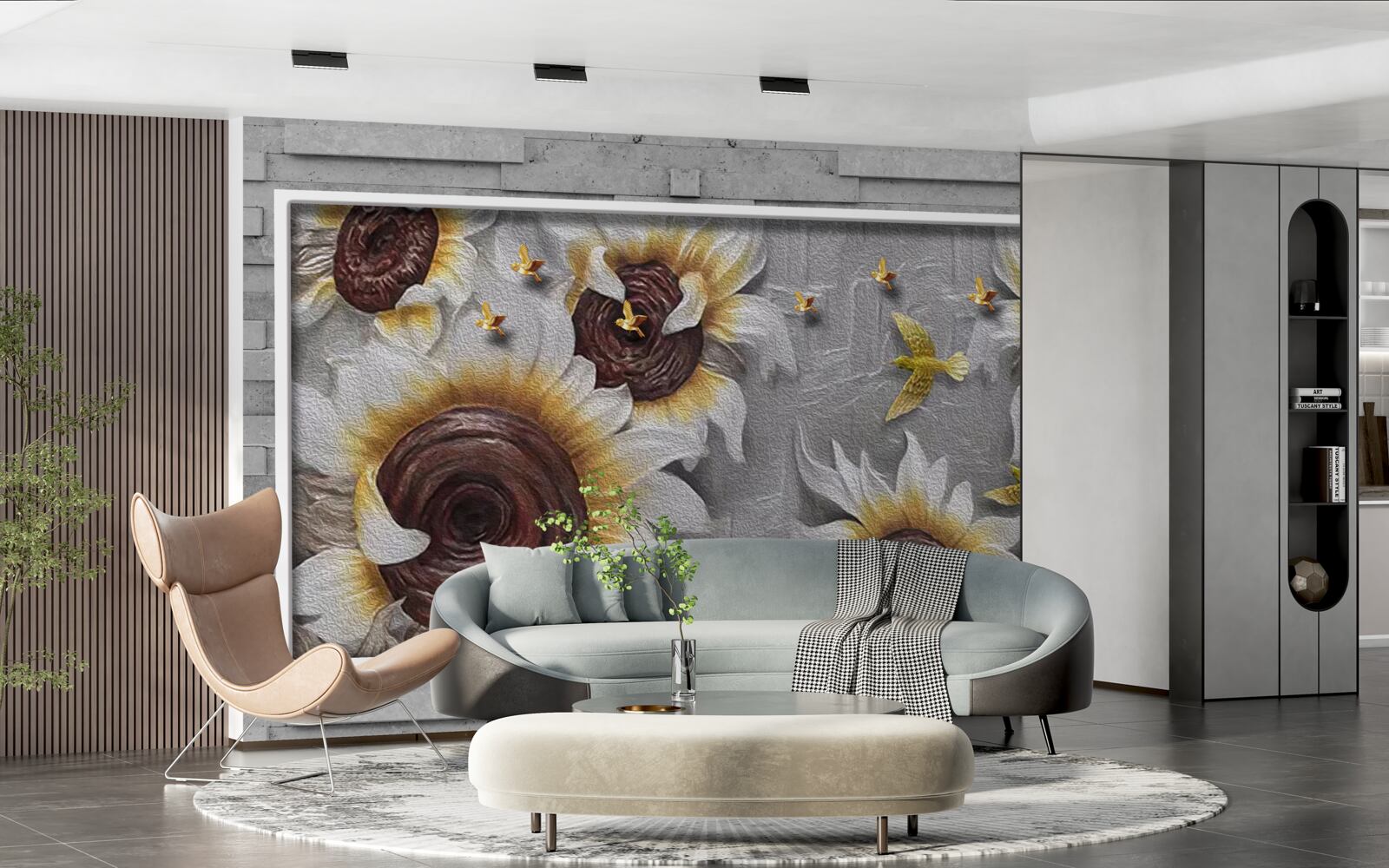Fototapeten Weiße Sonnenblumen und Schmetterlinge