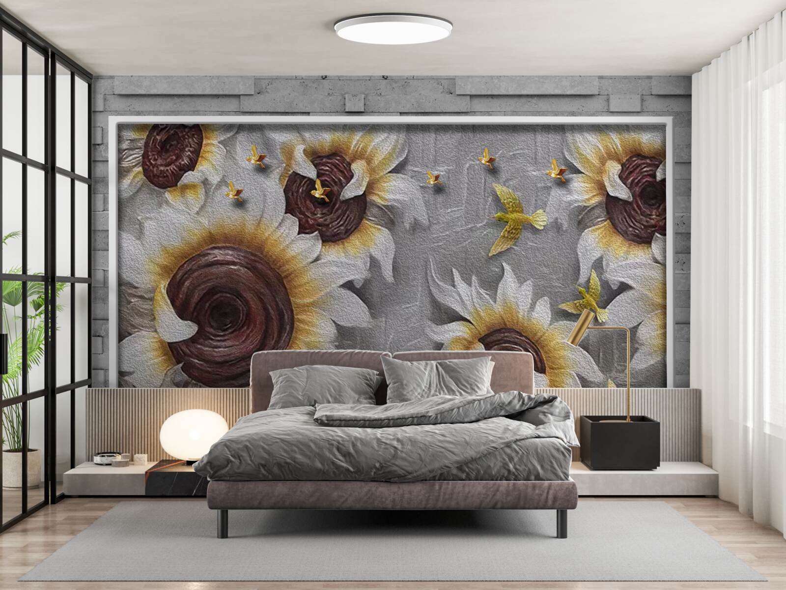 Fototapeten Weiße Sonnenblumen und Schmetterlinge